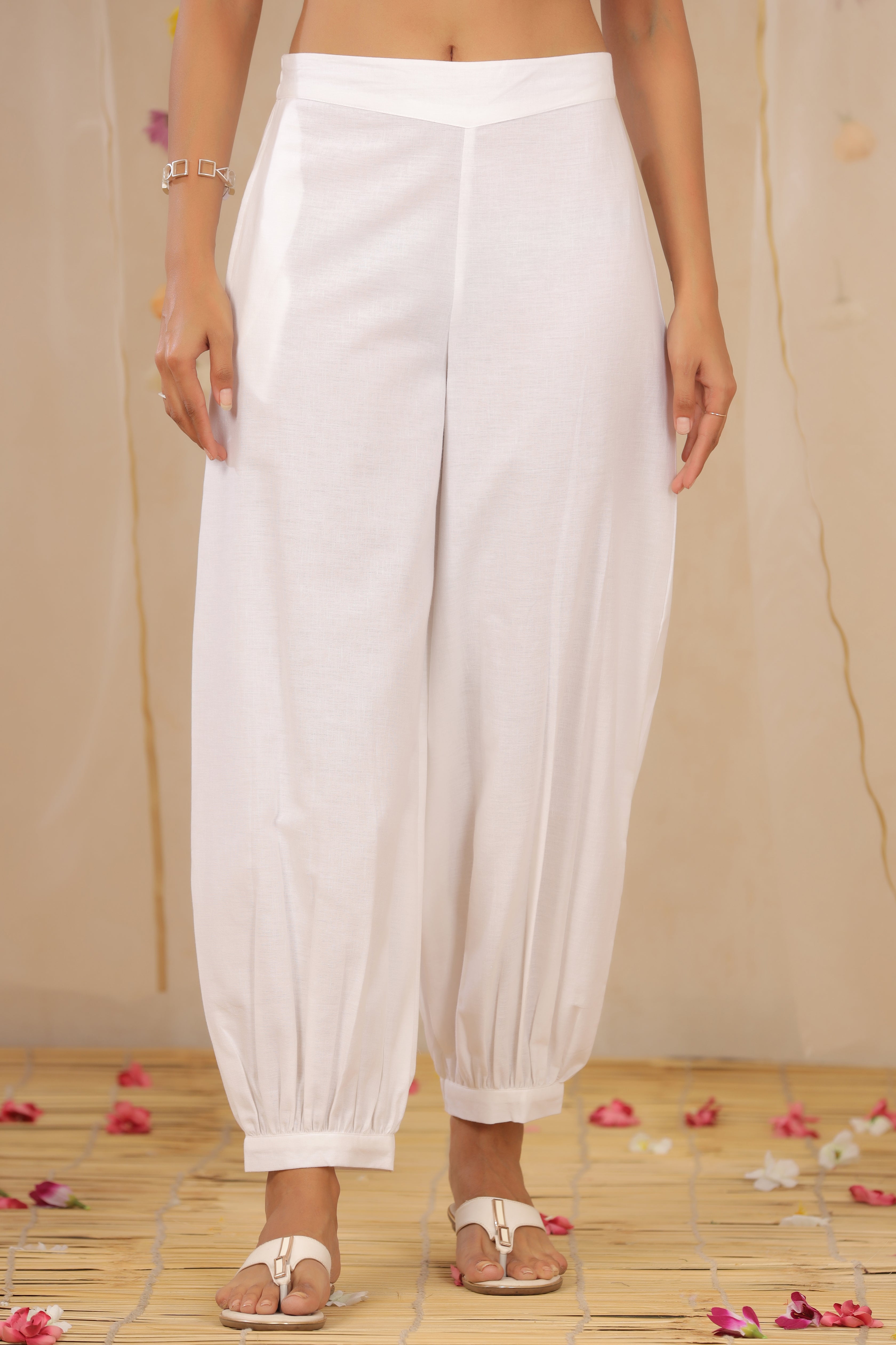 Juniper White Solid Cotton Flex Dhoti Style Pants