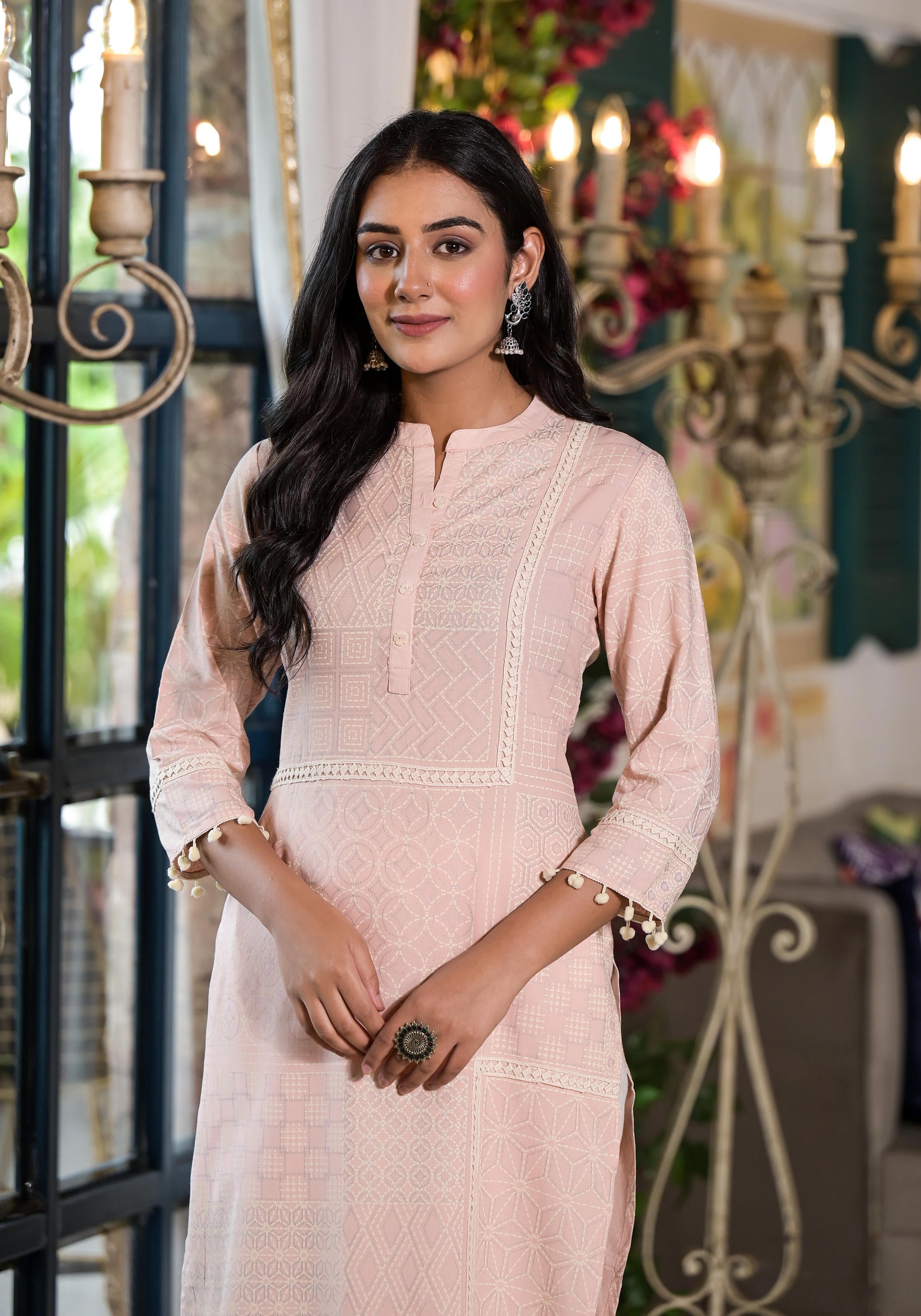 Peach Ethnic Motif Printed Liva Rayon Kurta With Tassels & Buttons