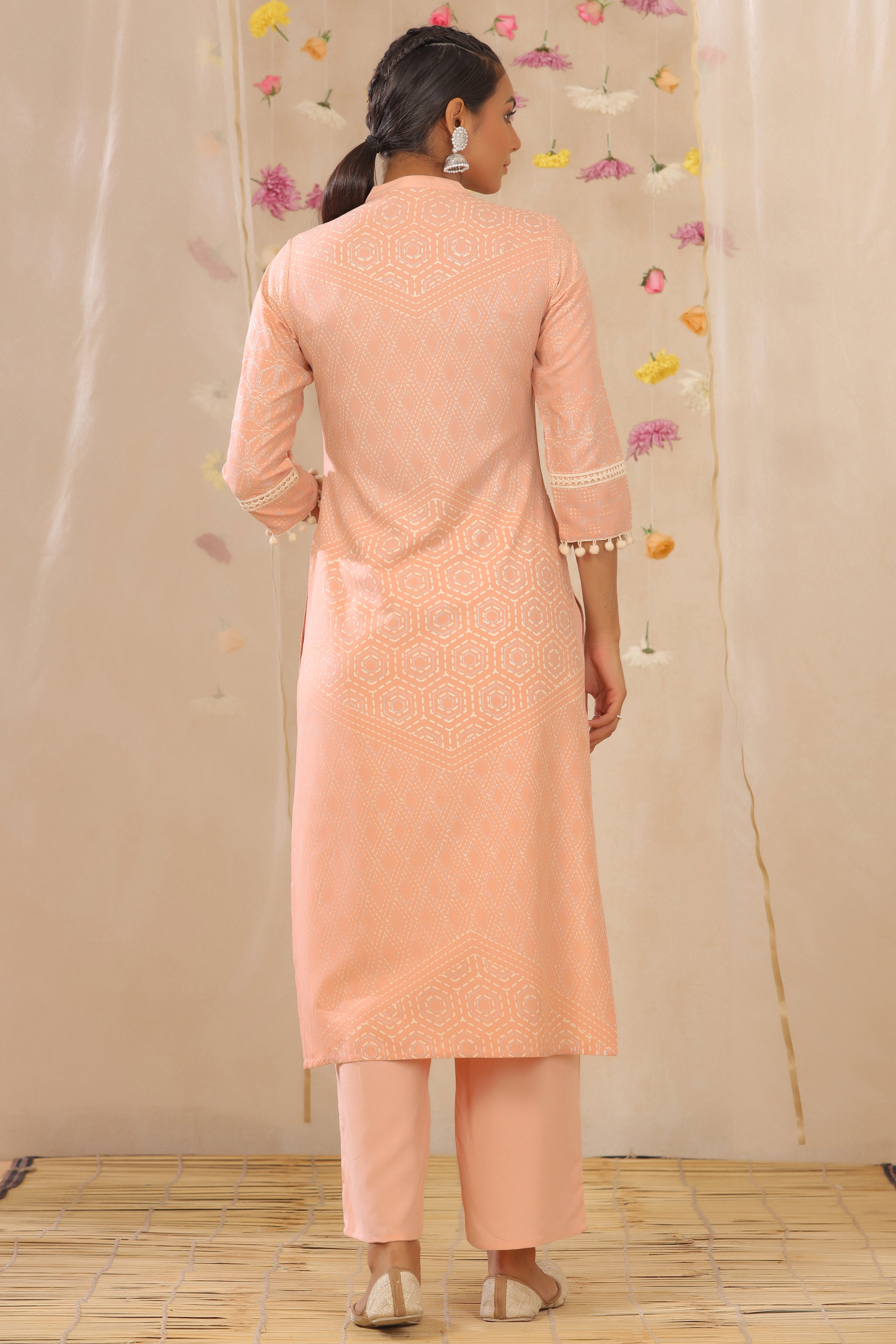 Juniper Peach LIVA Rayon Printed Straight Kurta Palazzo Set