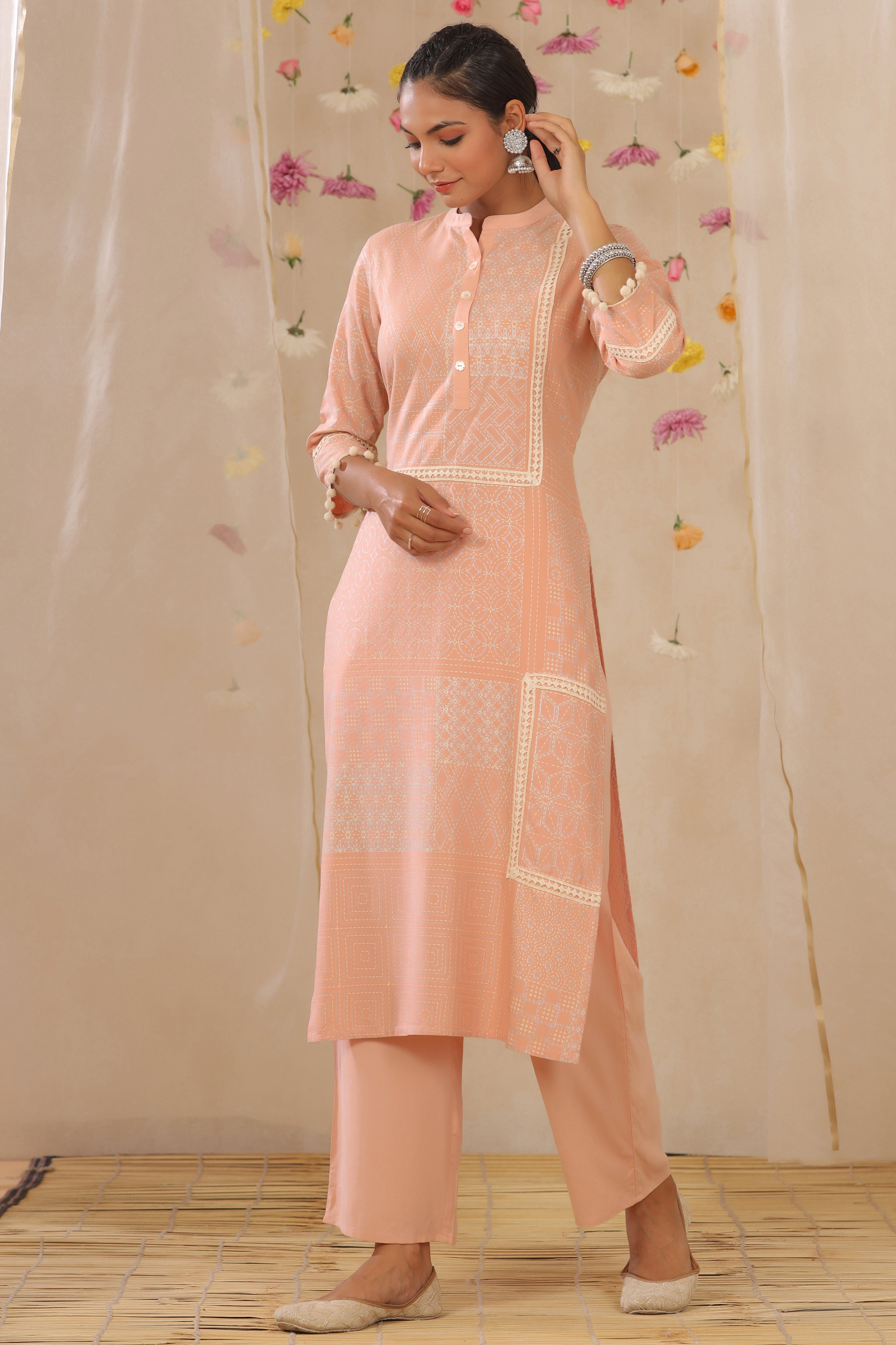 Juniper Peach LIVA Rayon Printed Straight Kurta Palazzo Set