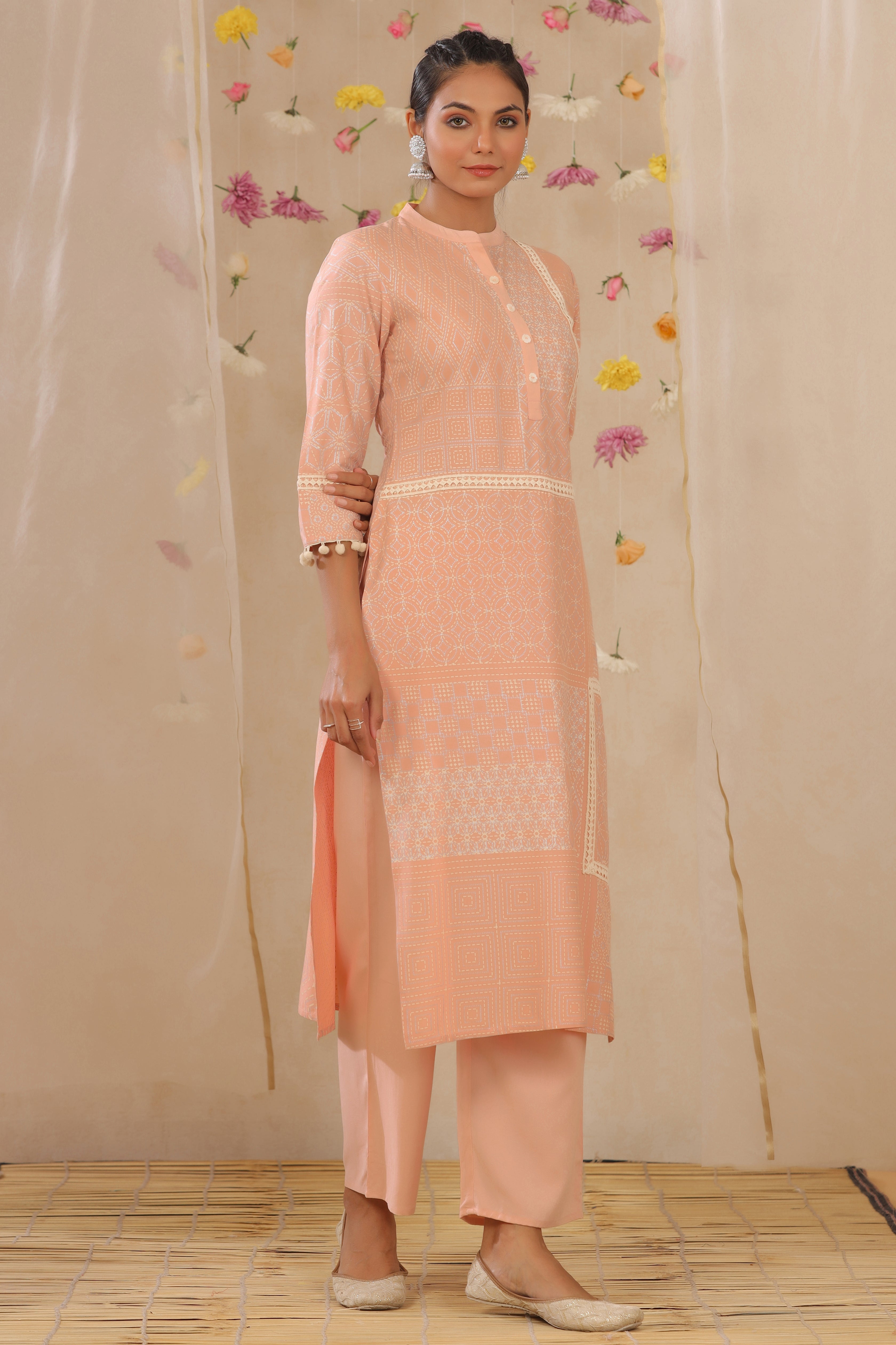 Juniper Peach LIVA Rayon Printed Straight Kurta Palazzo Set