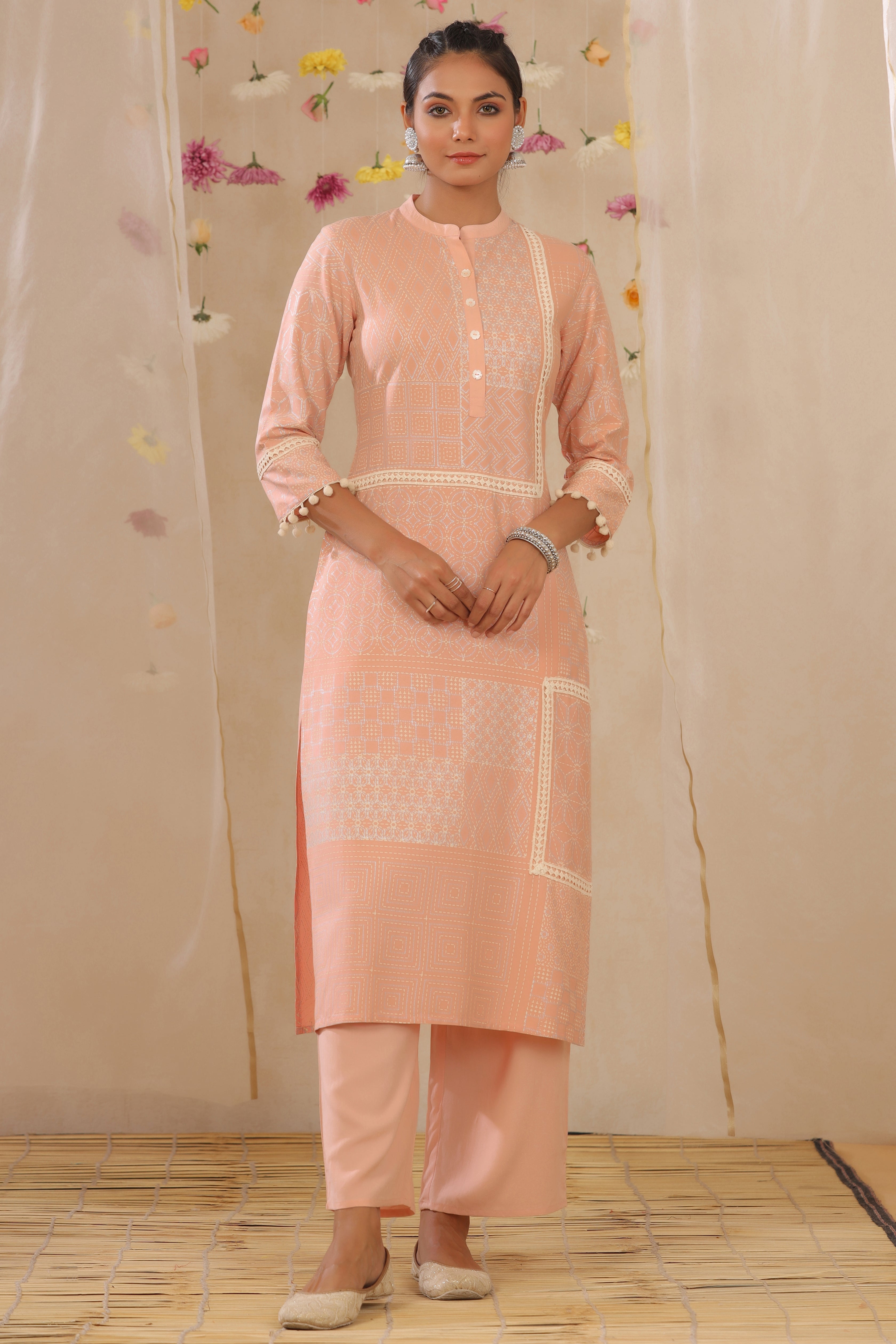 Juniper Peach LIVA Rayon Printed Straight Kurta Palazzo Set
