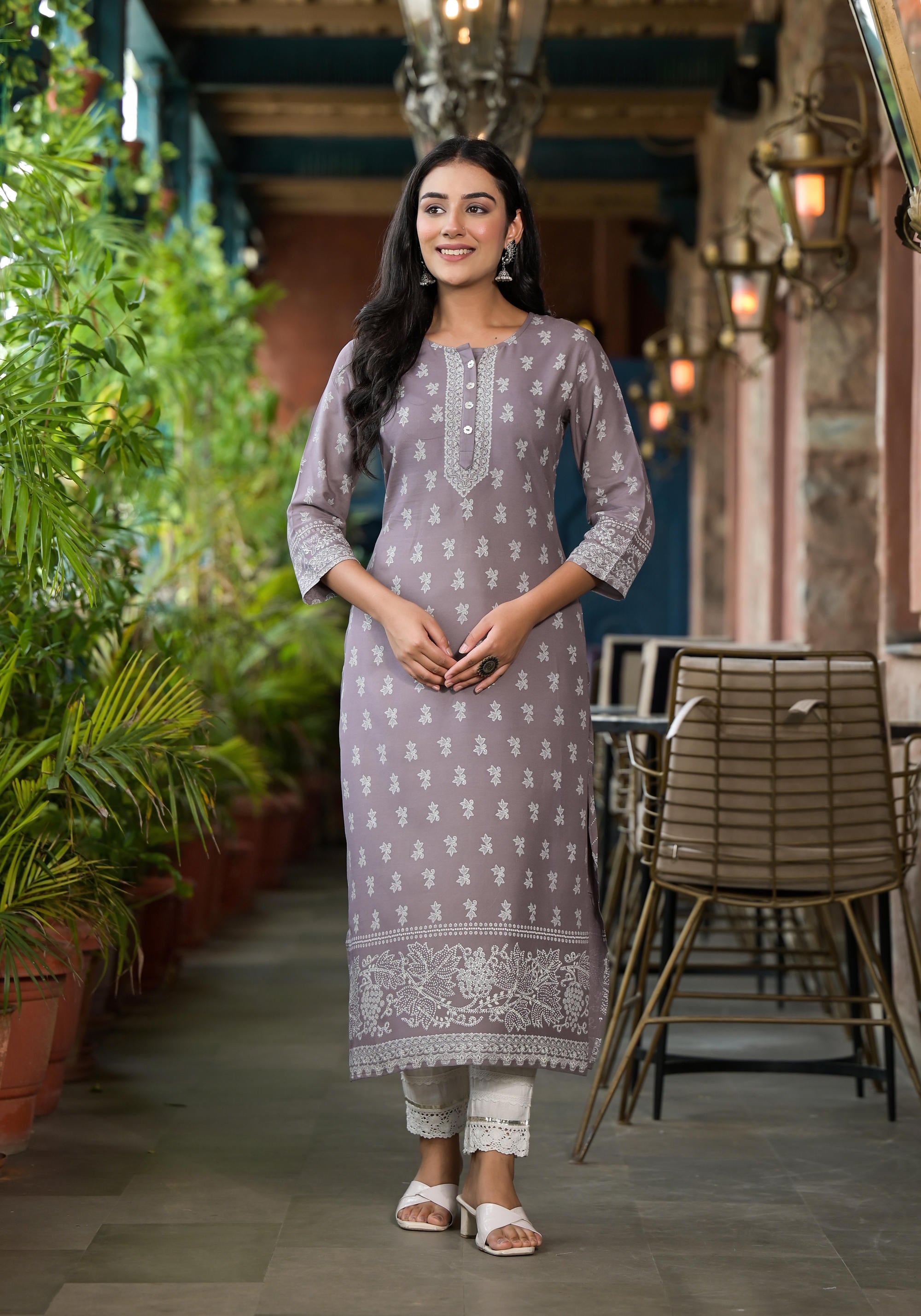 Grey Ethnic Motif Printed Liva Rayon Kurta With Buttons