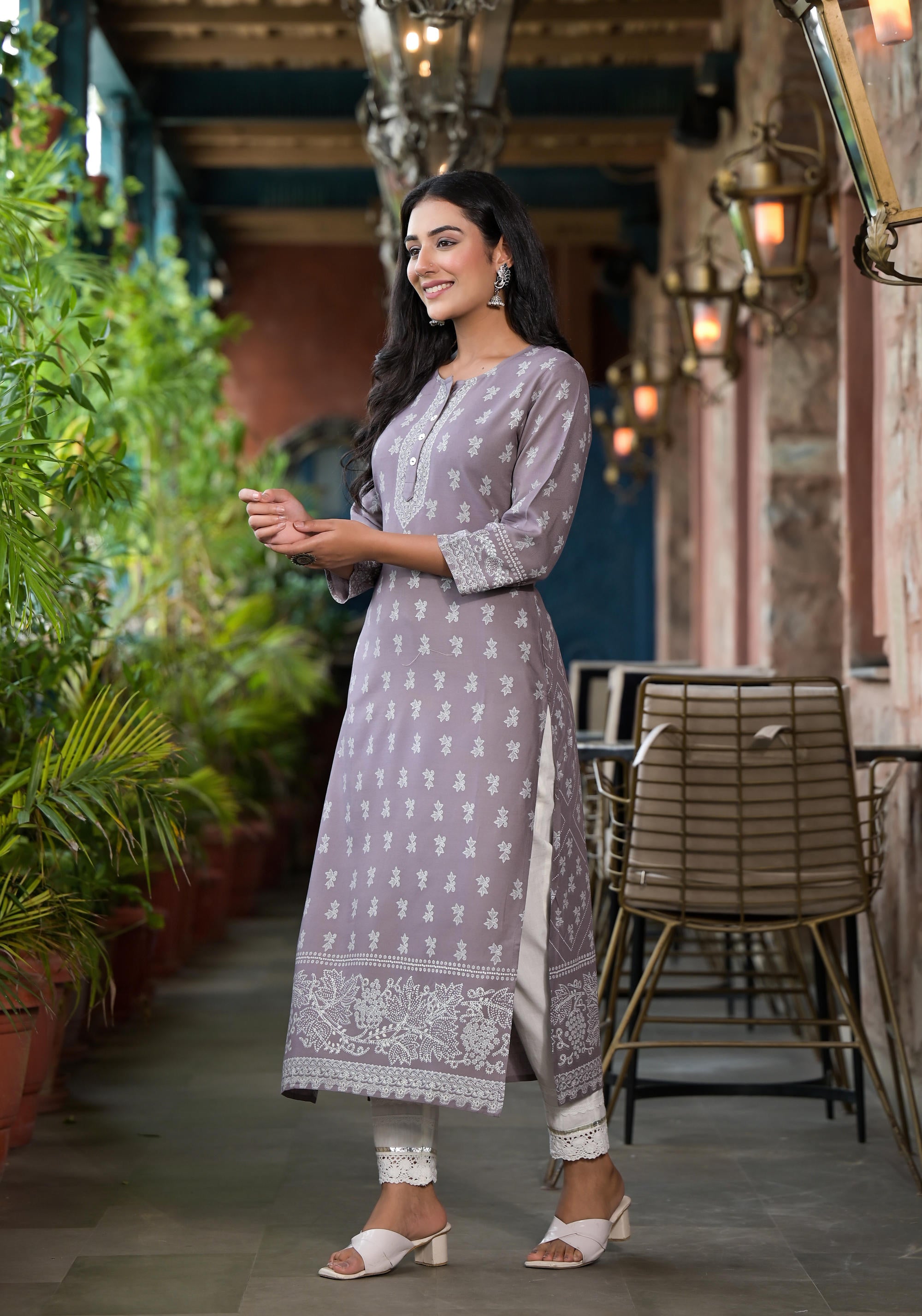 Grey Ethnic Motif Printed Liva Rayon Kurta With Buttons