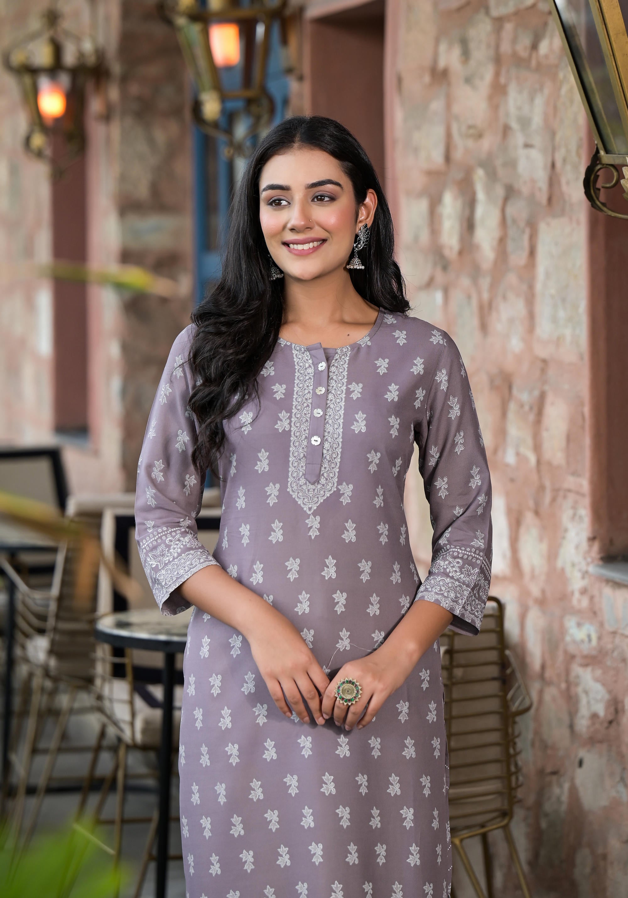 Grey Ethnic Motif Printed Liva Rayon Kurta With Buttons