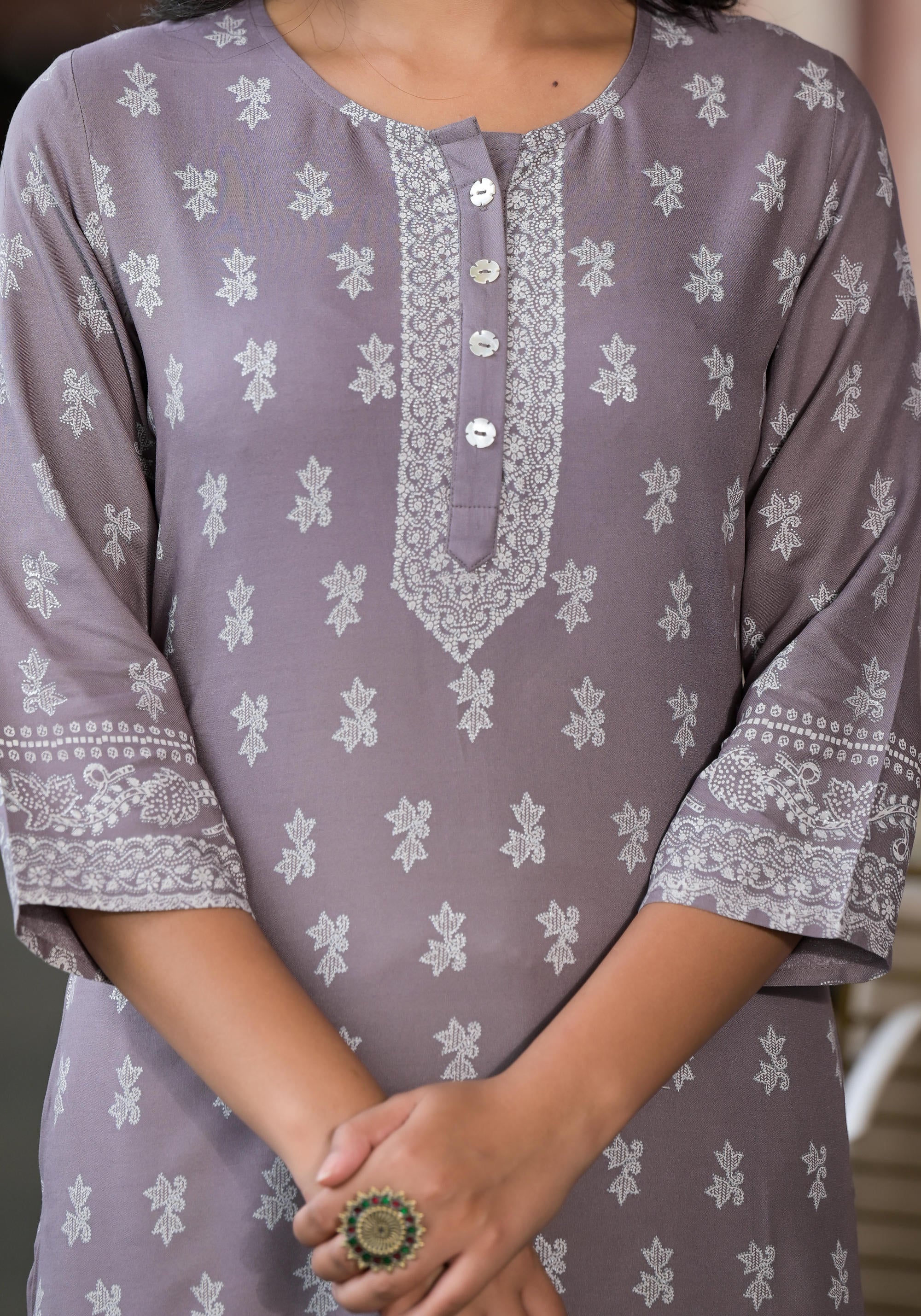 Grey Ethnic Motif Printed Liva Rayon Kurta With Buttons