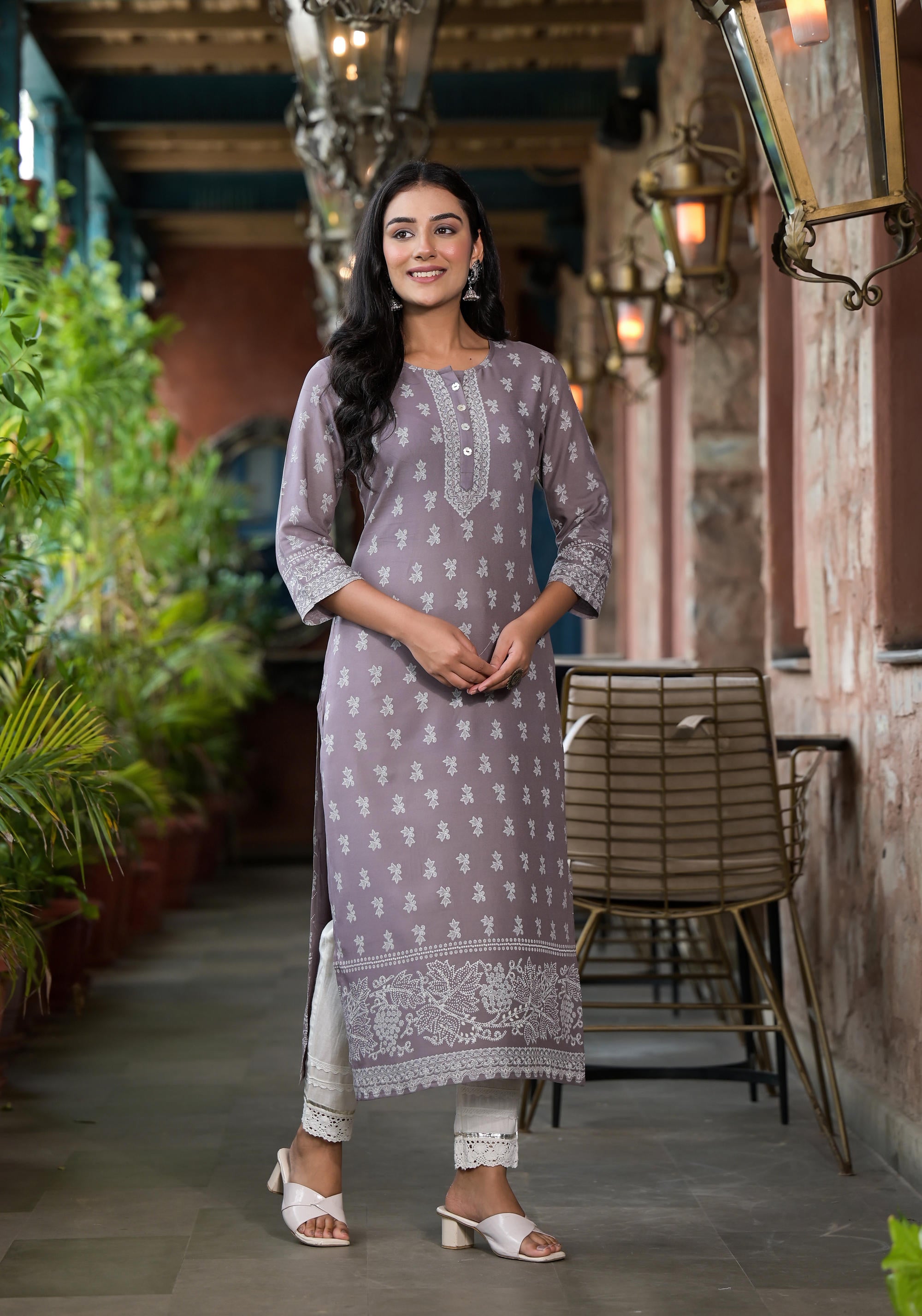 Grey Ethnic Motif Printed Liva Rayon Kurta With Buttons