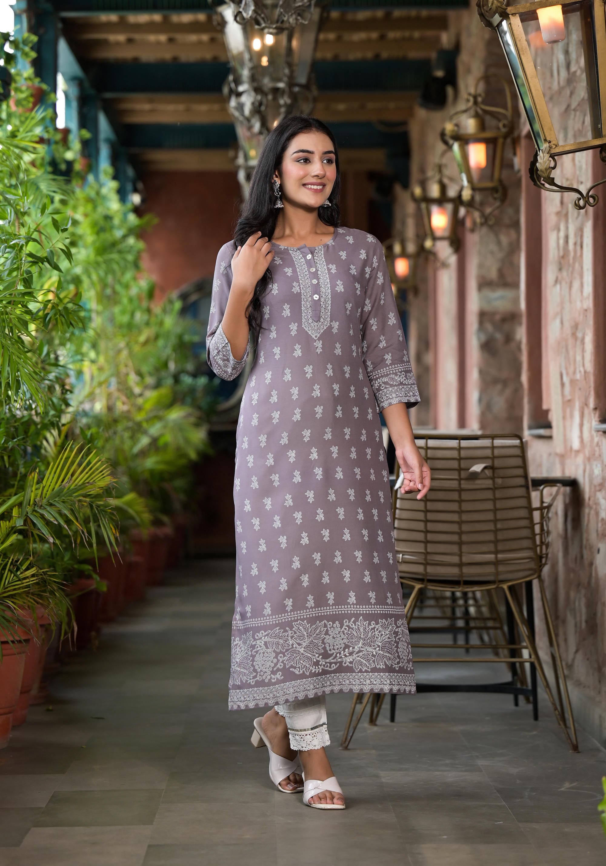 Grey Ethnic Motif Printed Liva Rayon Kurta With Buttons