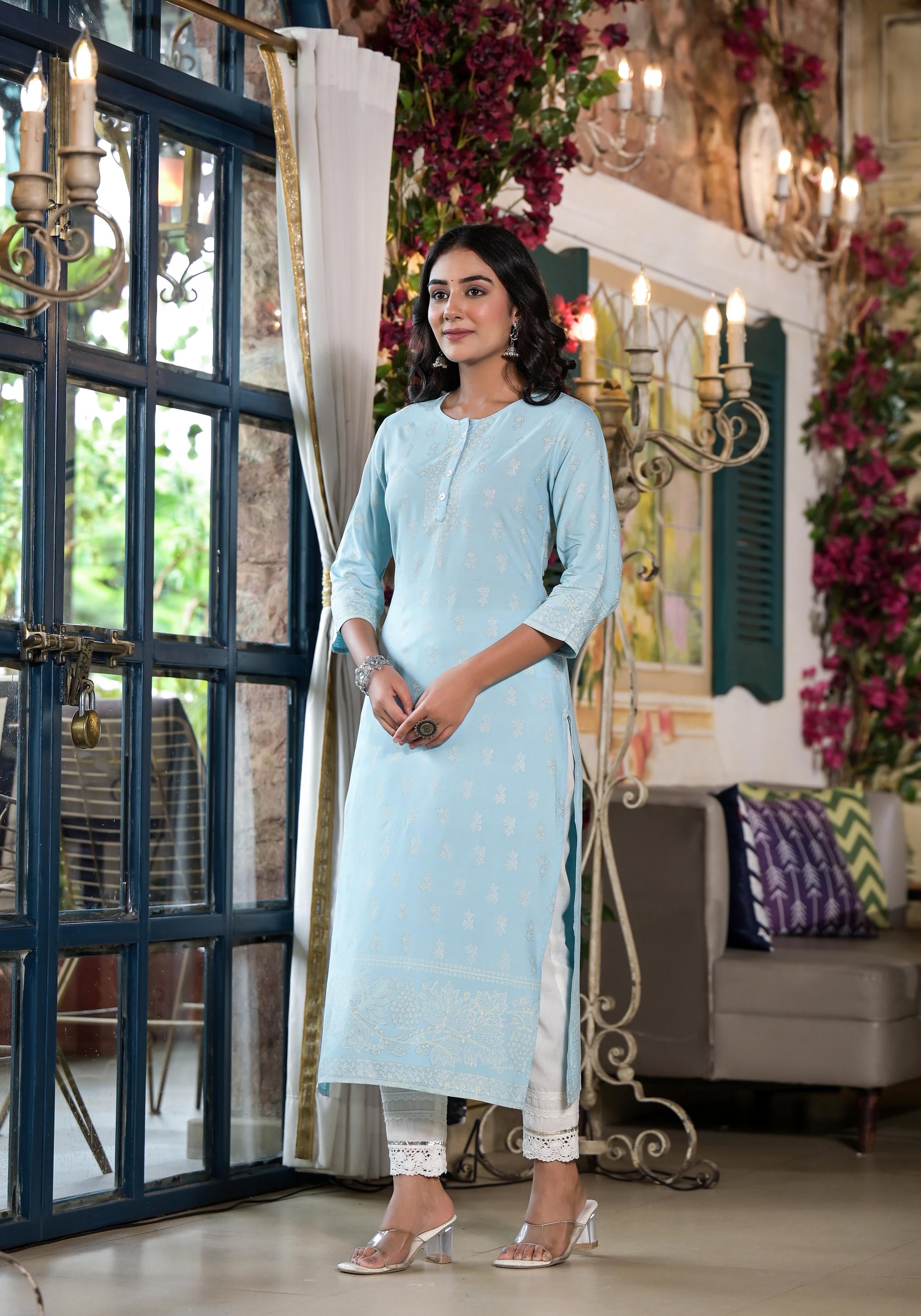 Powder Blue Ethnic Motif Printed Liva Rayon Kurta With Buttons