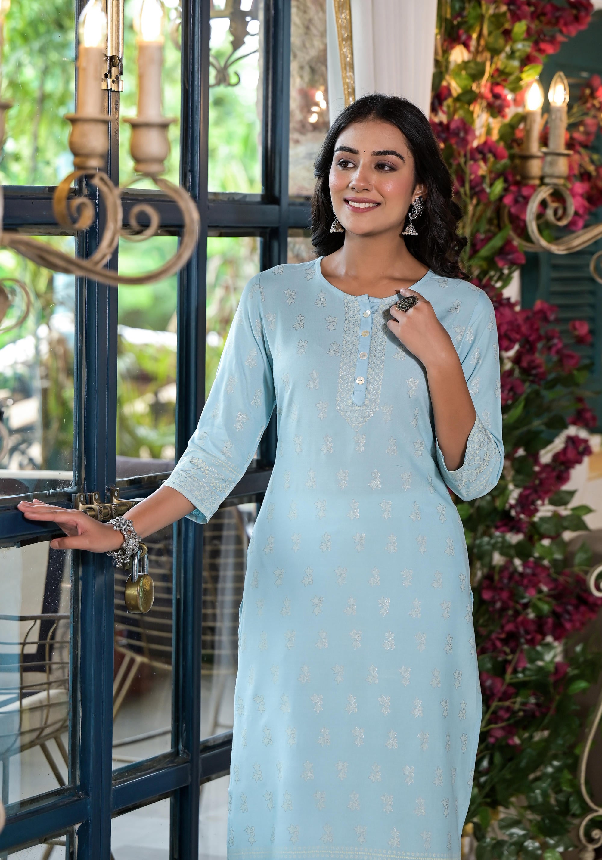 Powder Blue Ethnic Motif Printed Liva Rayon Kurta With Buttons