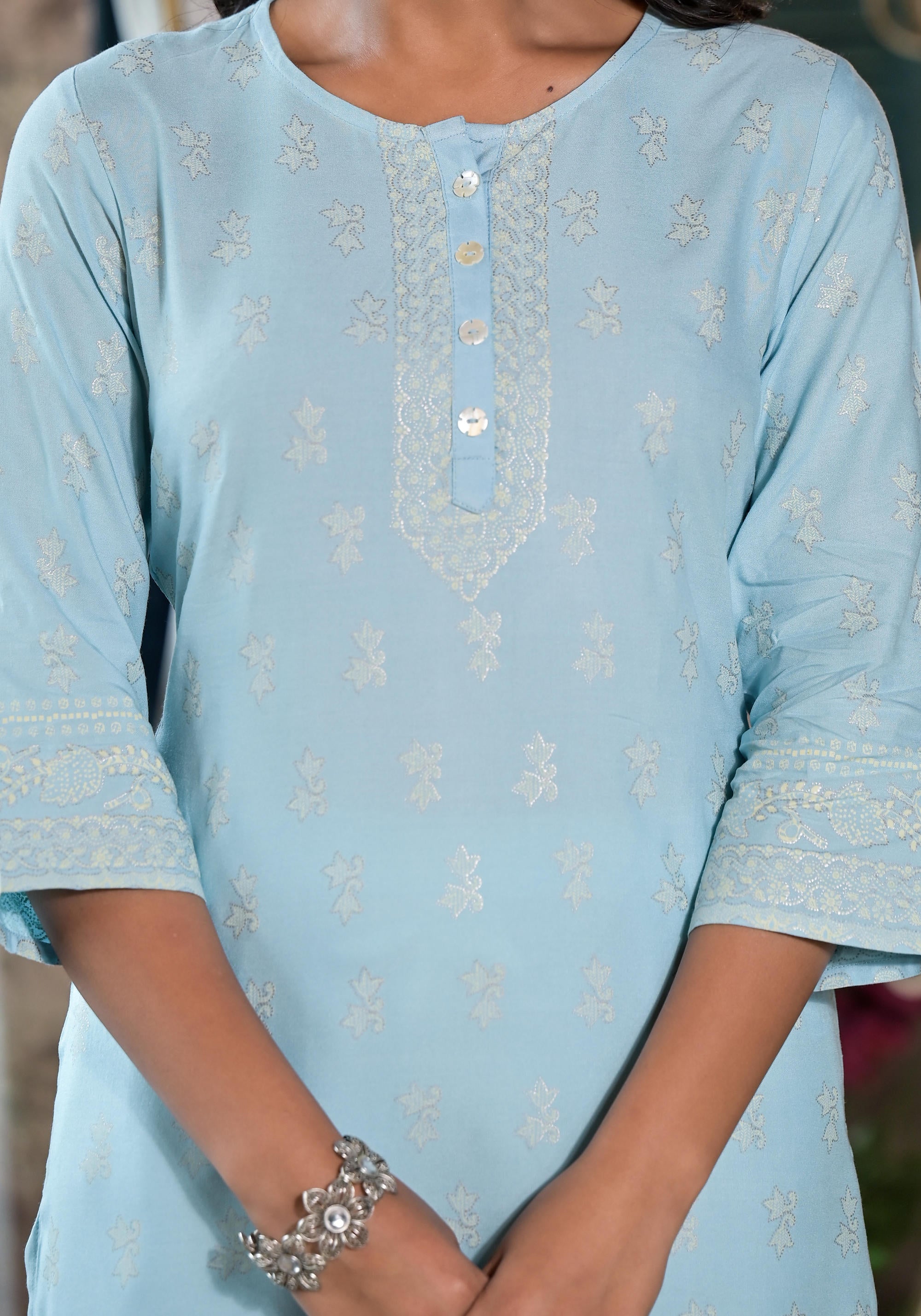 Powder Blue Ethnic Motif Printed Liva Rayon Kurta With Buttons