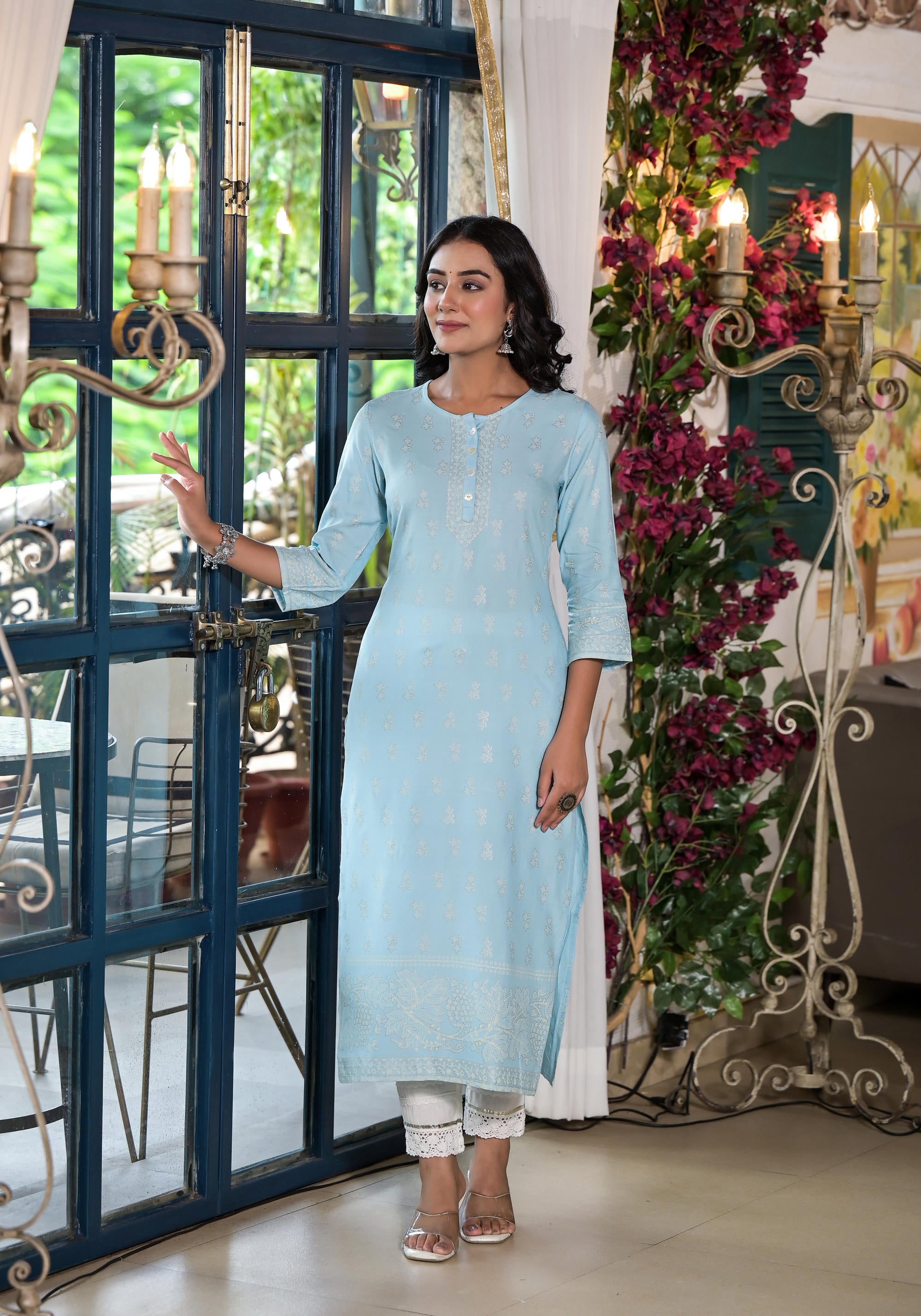 Powder Blue Ethnic Motif Printed Liva Rayon Kurta With Buttons