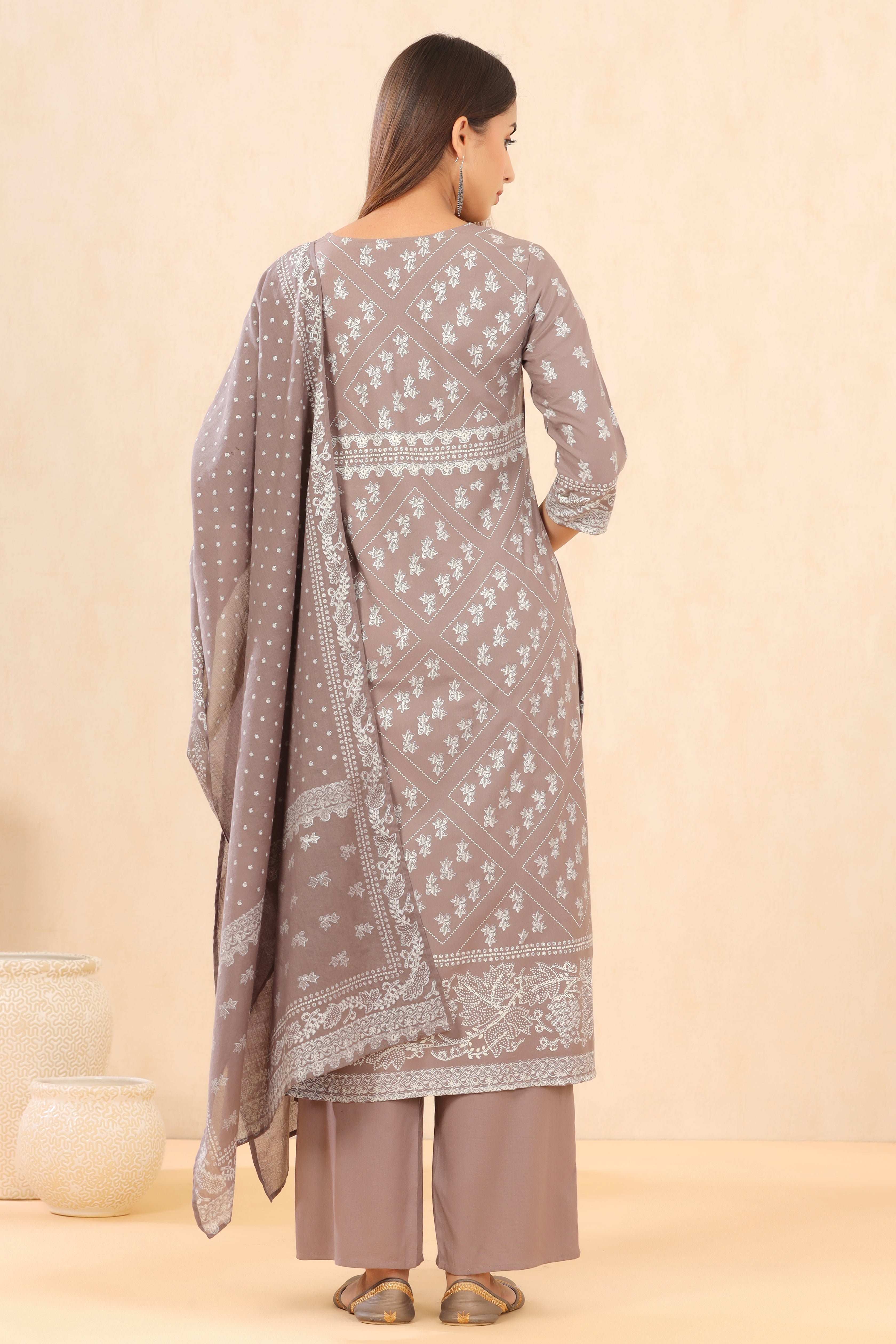 Juniper Grey LIVA Rayon Printed Straight Kurta Palazzo Dupatta Set