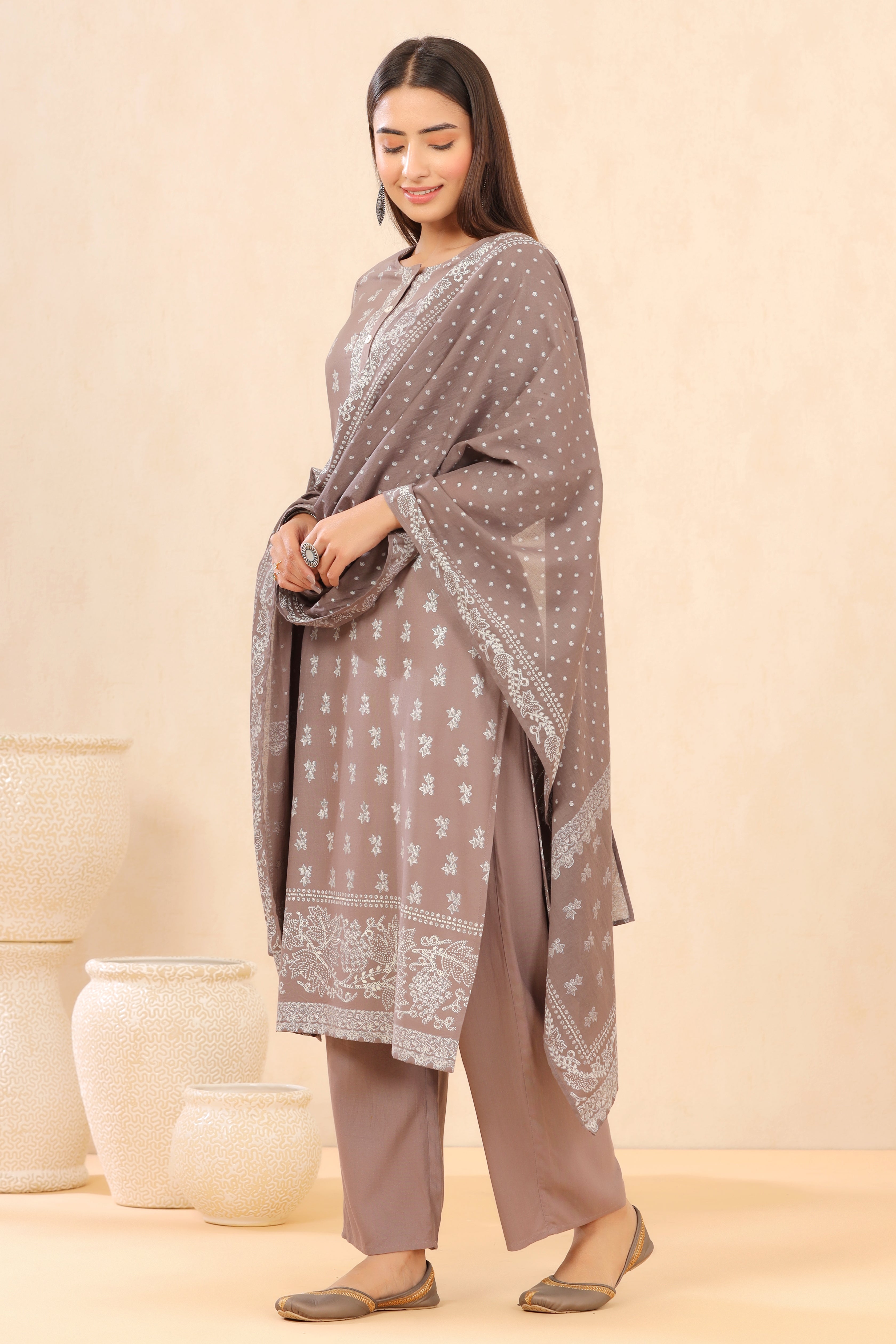 Juniper Grey LIVA Rayon Printed Straight Kurta Palazzo Dupatta Set