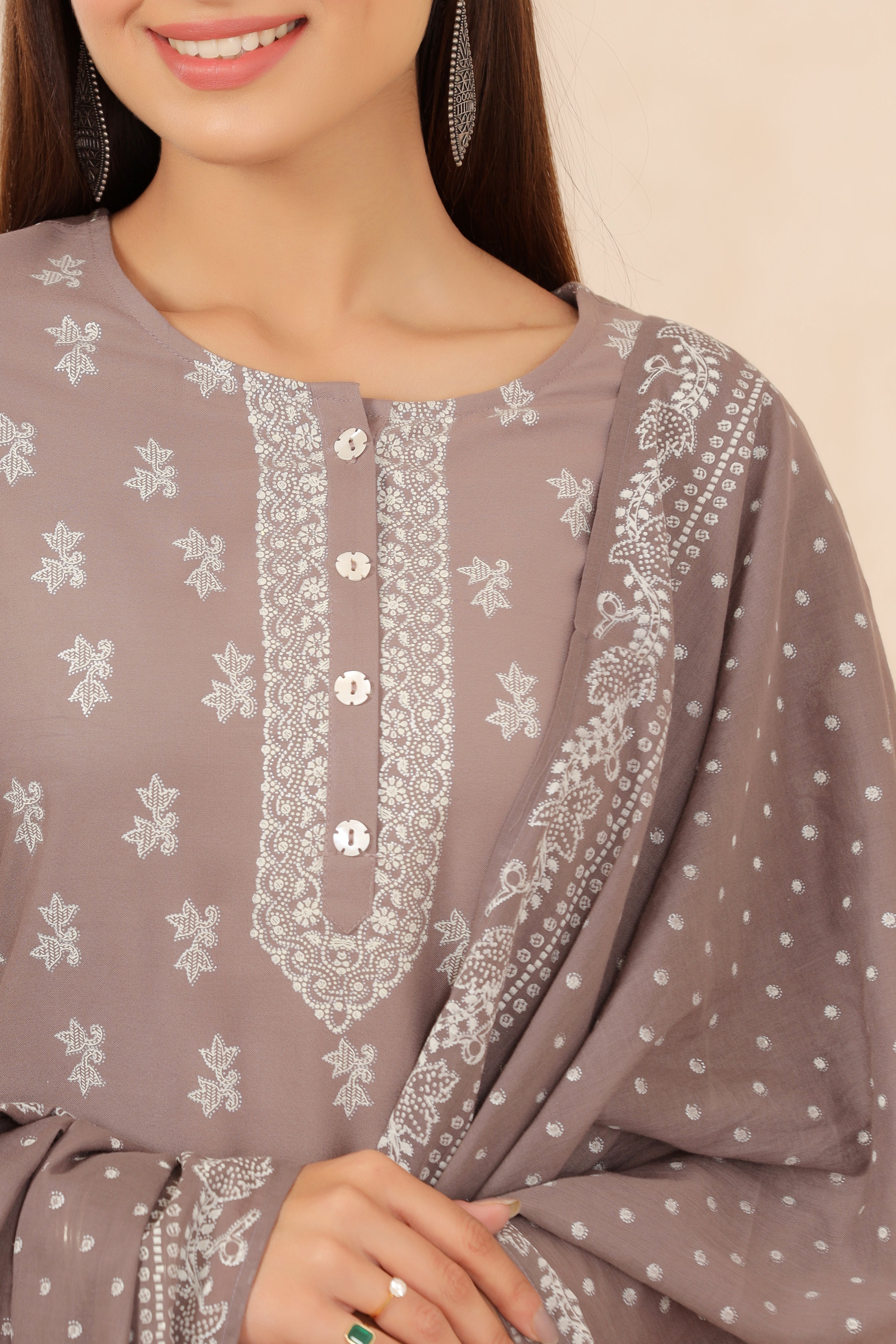 Juniper Grey LIVA Rayon Printed Straight Kurta Palazzo Dupatta Set