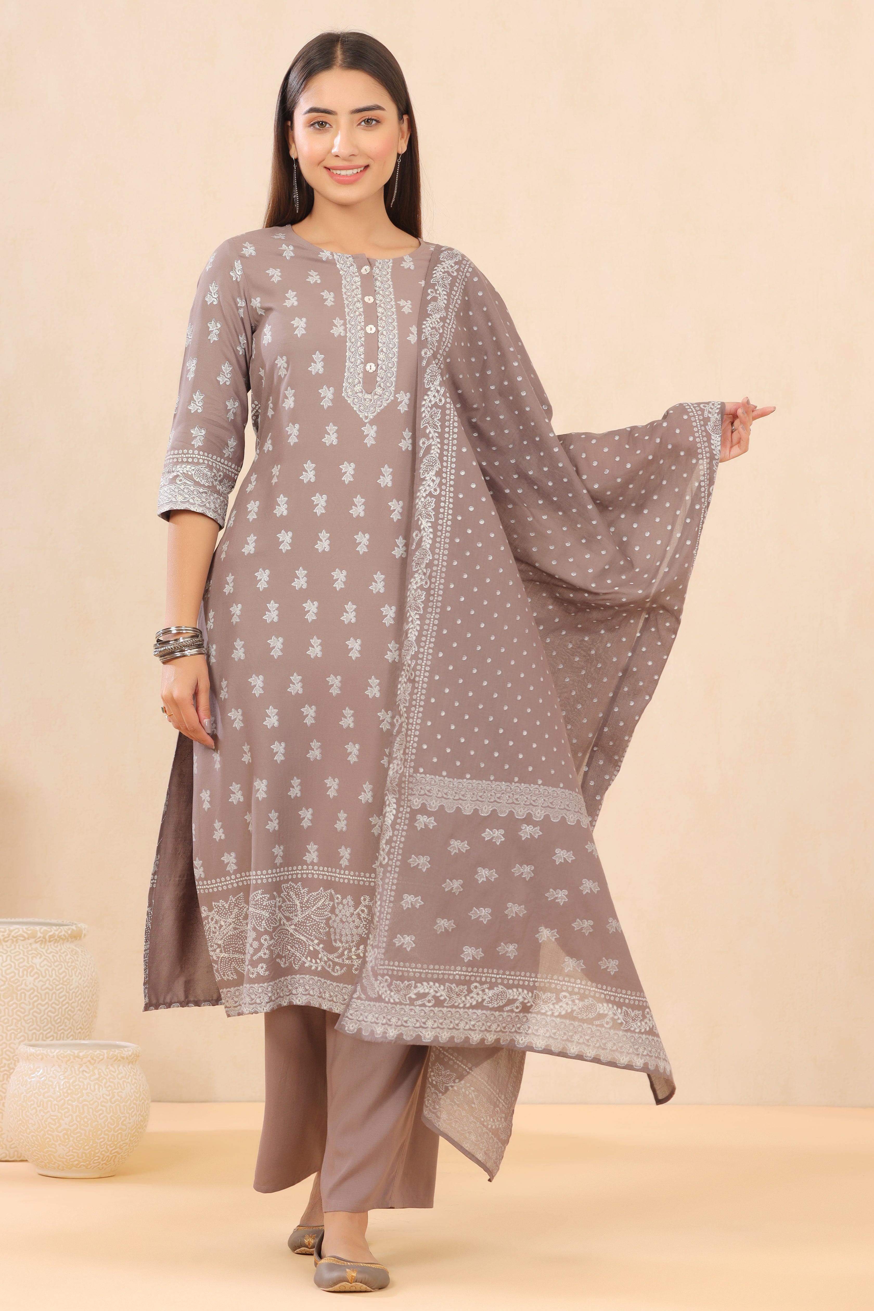 Juniper Grey LIVA Rayon Printed Straight Kurta Palazzo Dupatta Set