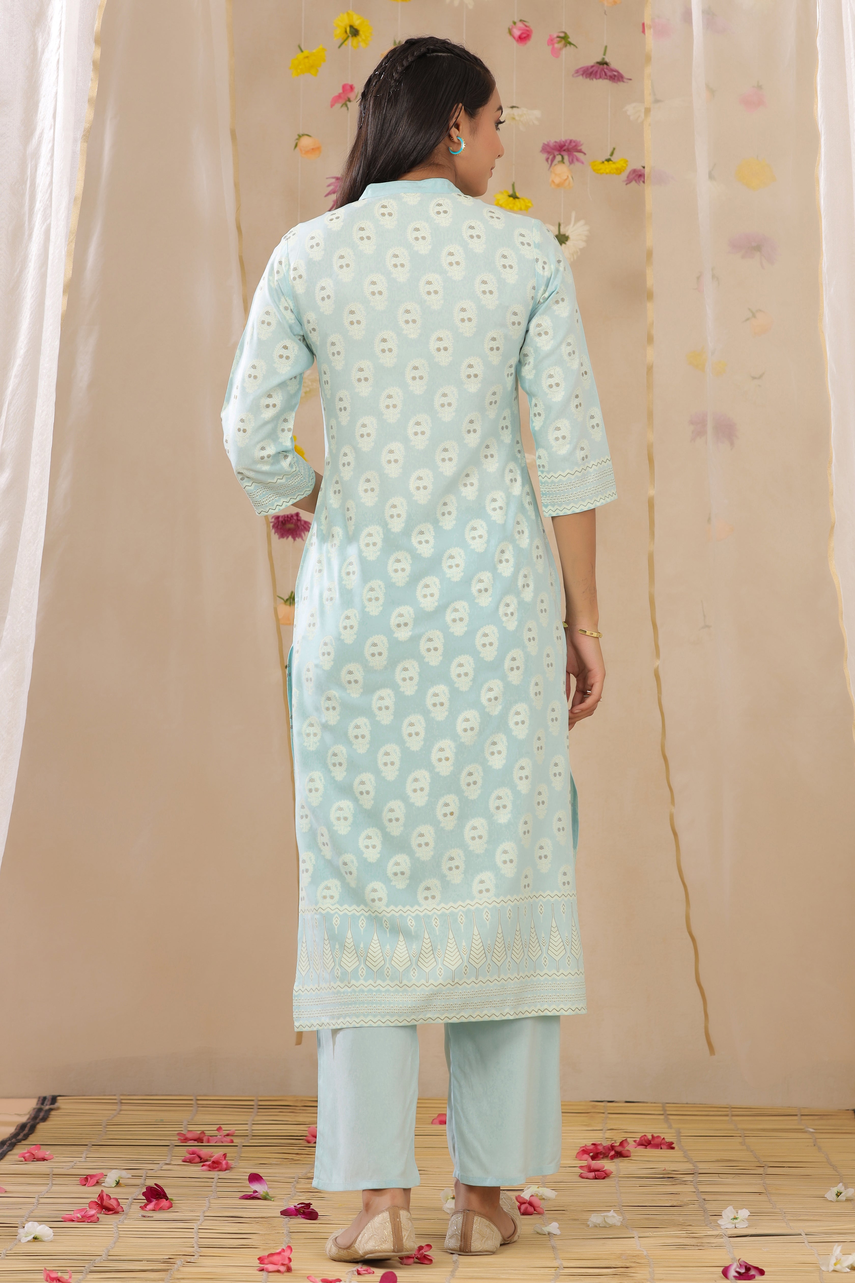 Juniper Powderblue LIVA Rayon Printed Straight Kurta Palazzo Set