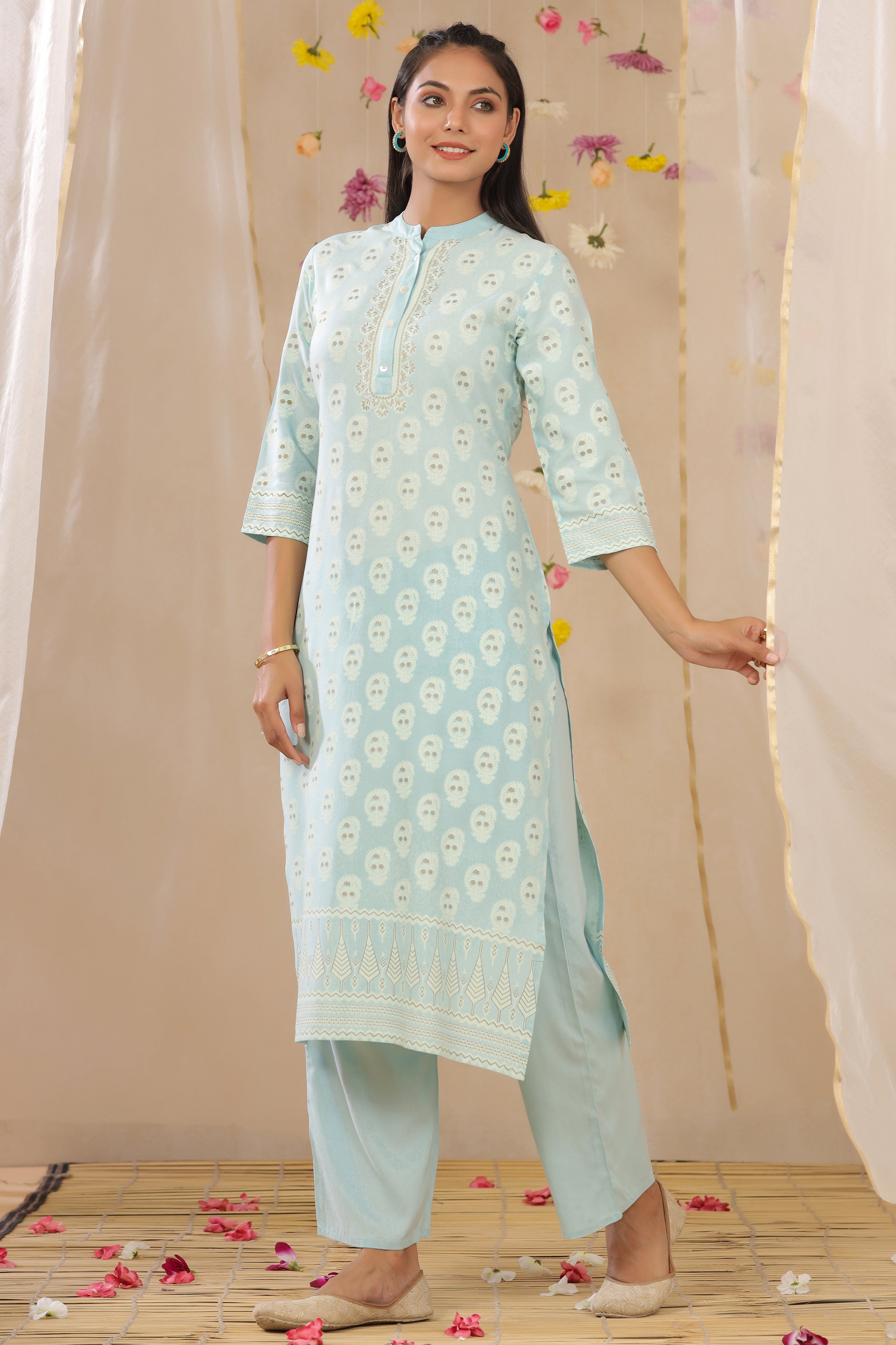 Juniper Powderblue LIVA Rayon Printed Straight Kurta Palazzo Set
