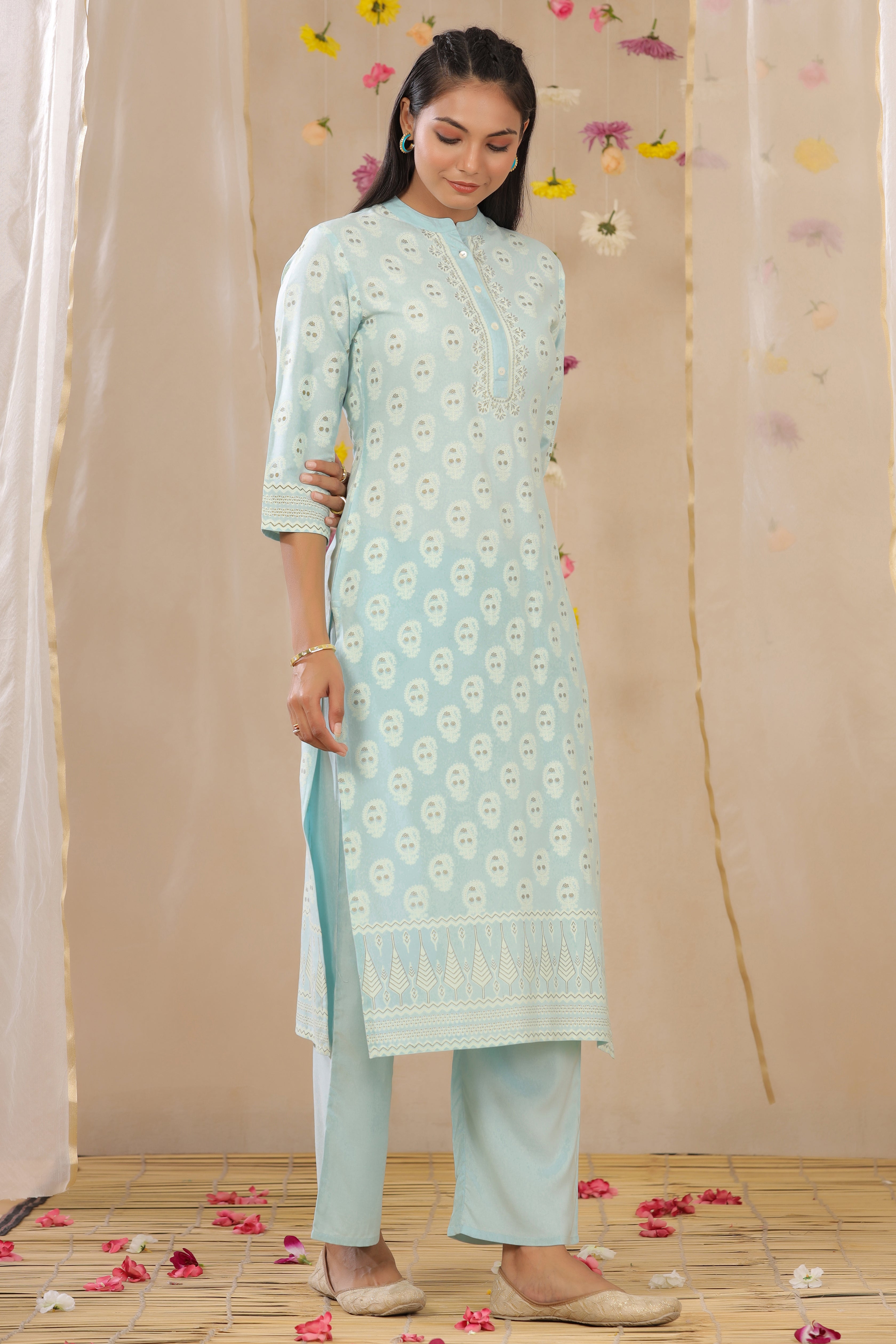 Juniper Powderblue LIVA Rayon Printed Straight Kurta Palazzo Set