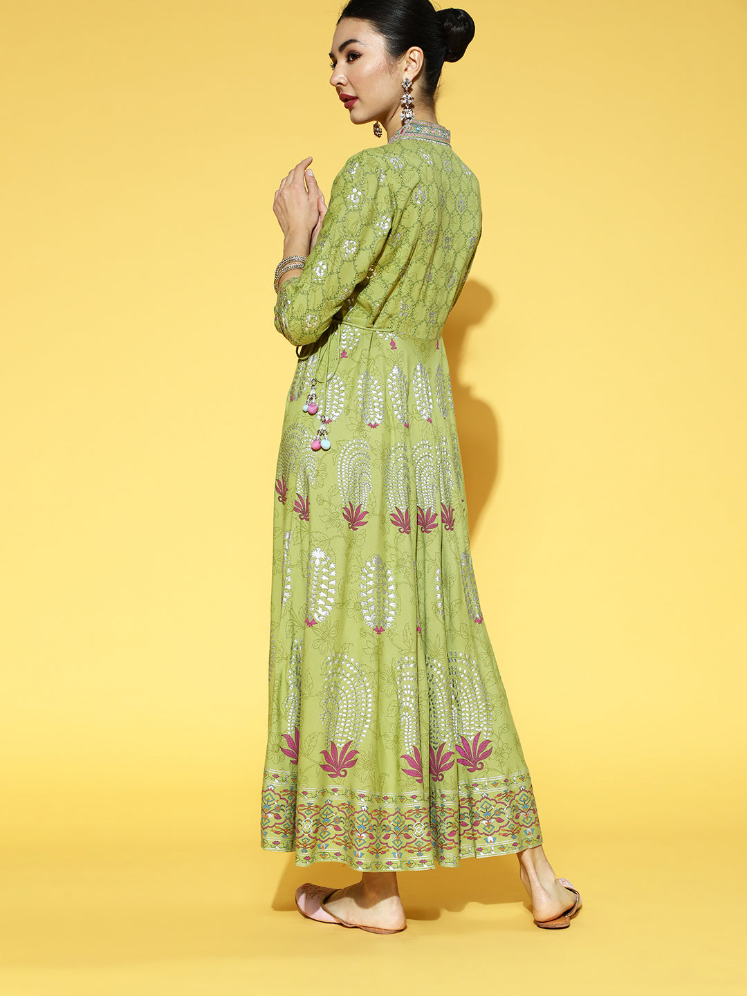 Juniper Green LIVA Rayon Printed Flared Dress With Waist Tie-up