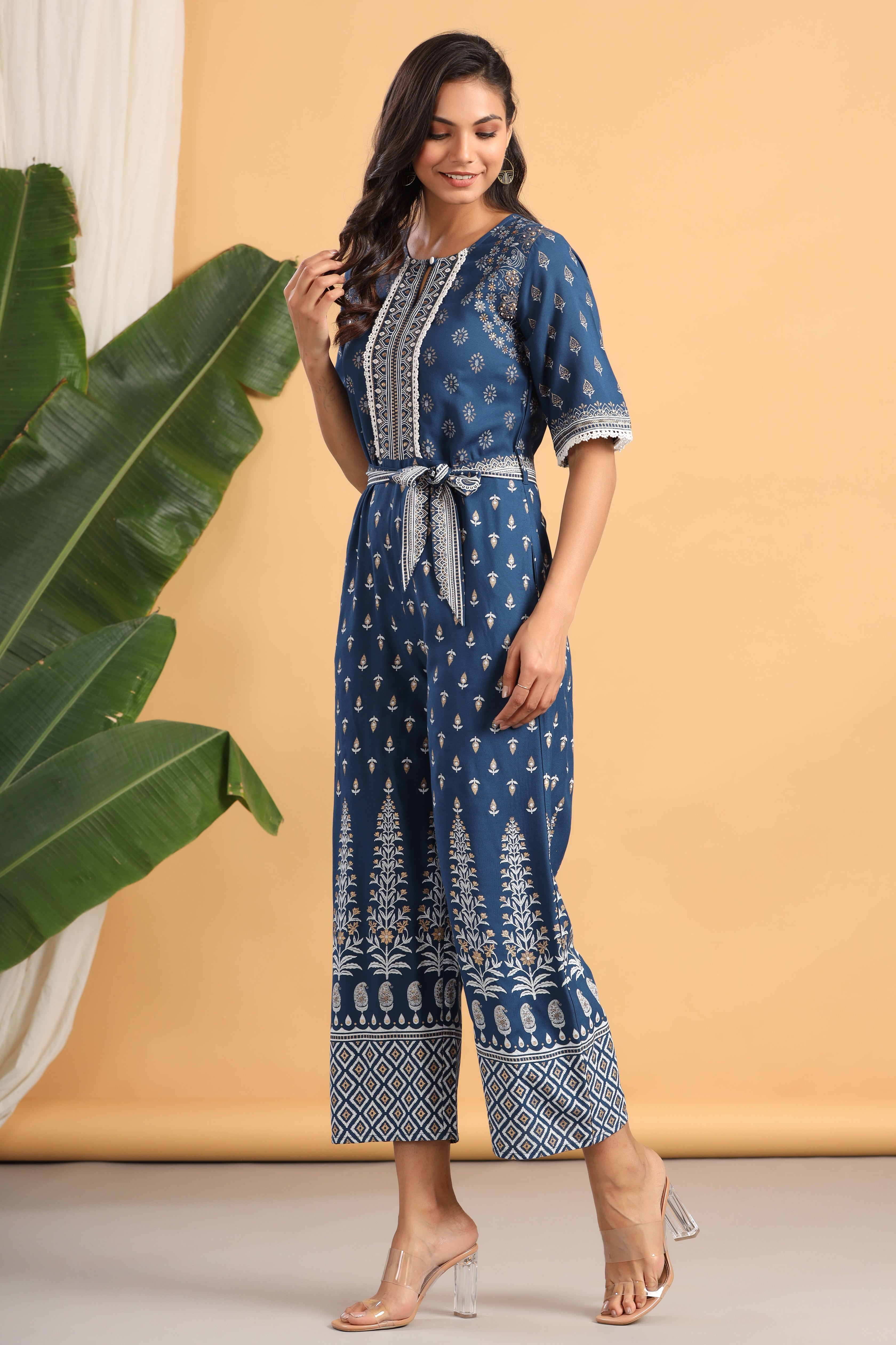 Juniper Indigo LIVA Rayon Printed Ethnic Jumpsuit with Belt - Juniper Fashion