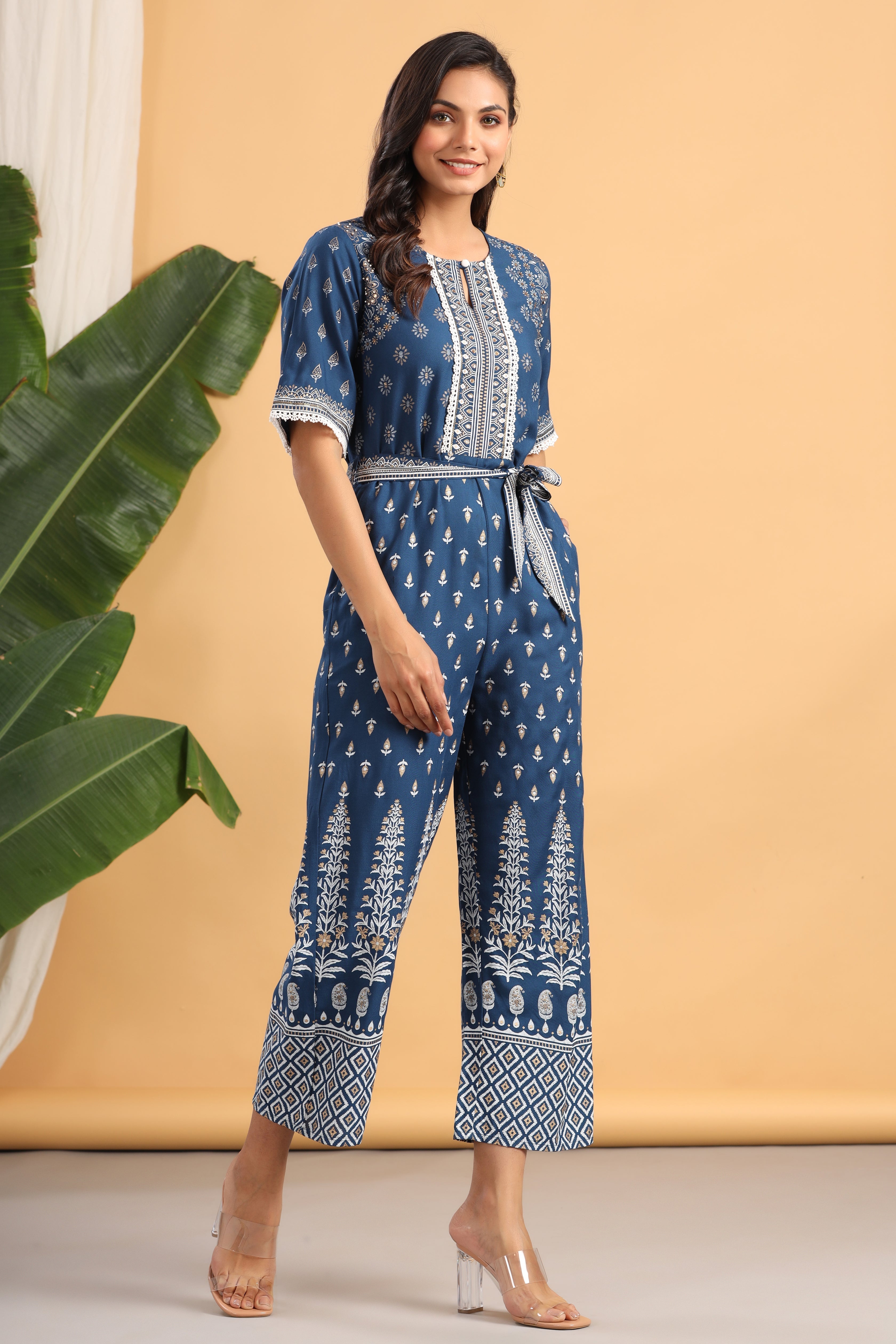 Juniper Indigo LIVA Rayon Printed Ethnic Jumpsuit with Belt - Juniper Fashion