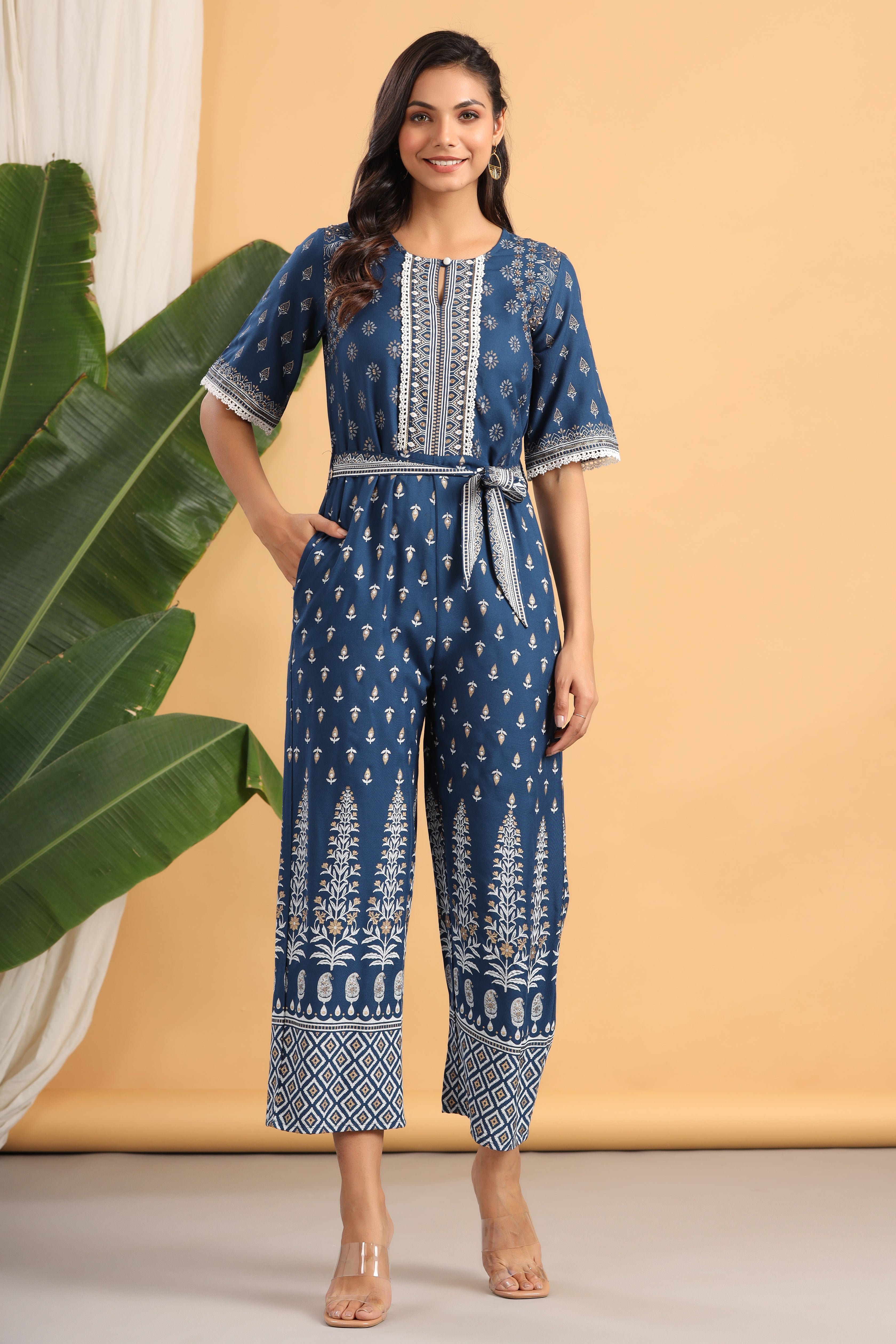 Juniper Indigo LIVA Rayon Printed Ethnic Jumpsuit with Belt - Juniper Fashion