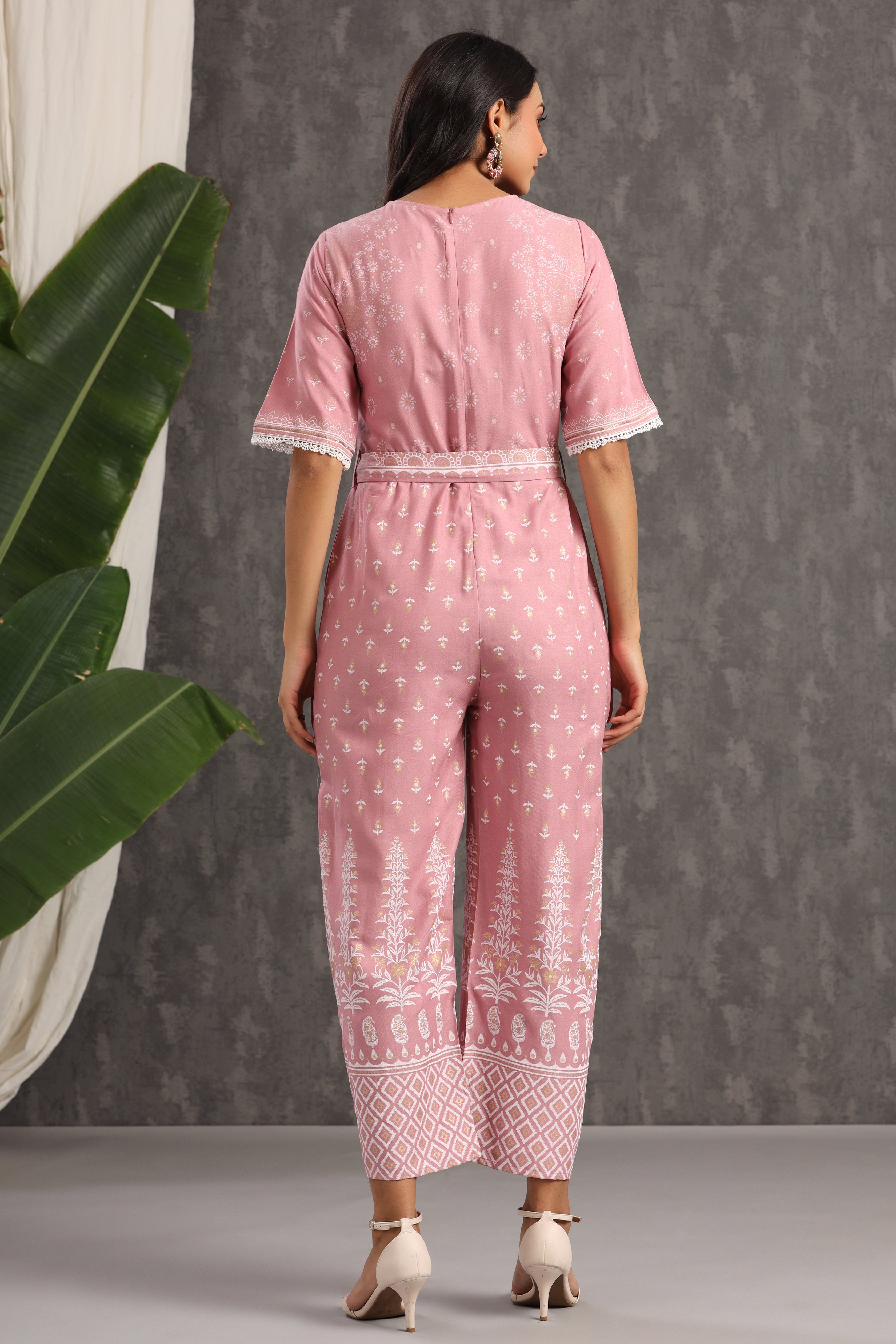 Juniper Onionpink Rayon Printed Ethnic Jumpsuit with Belt - Juniper Fashion