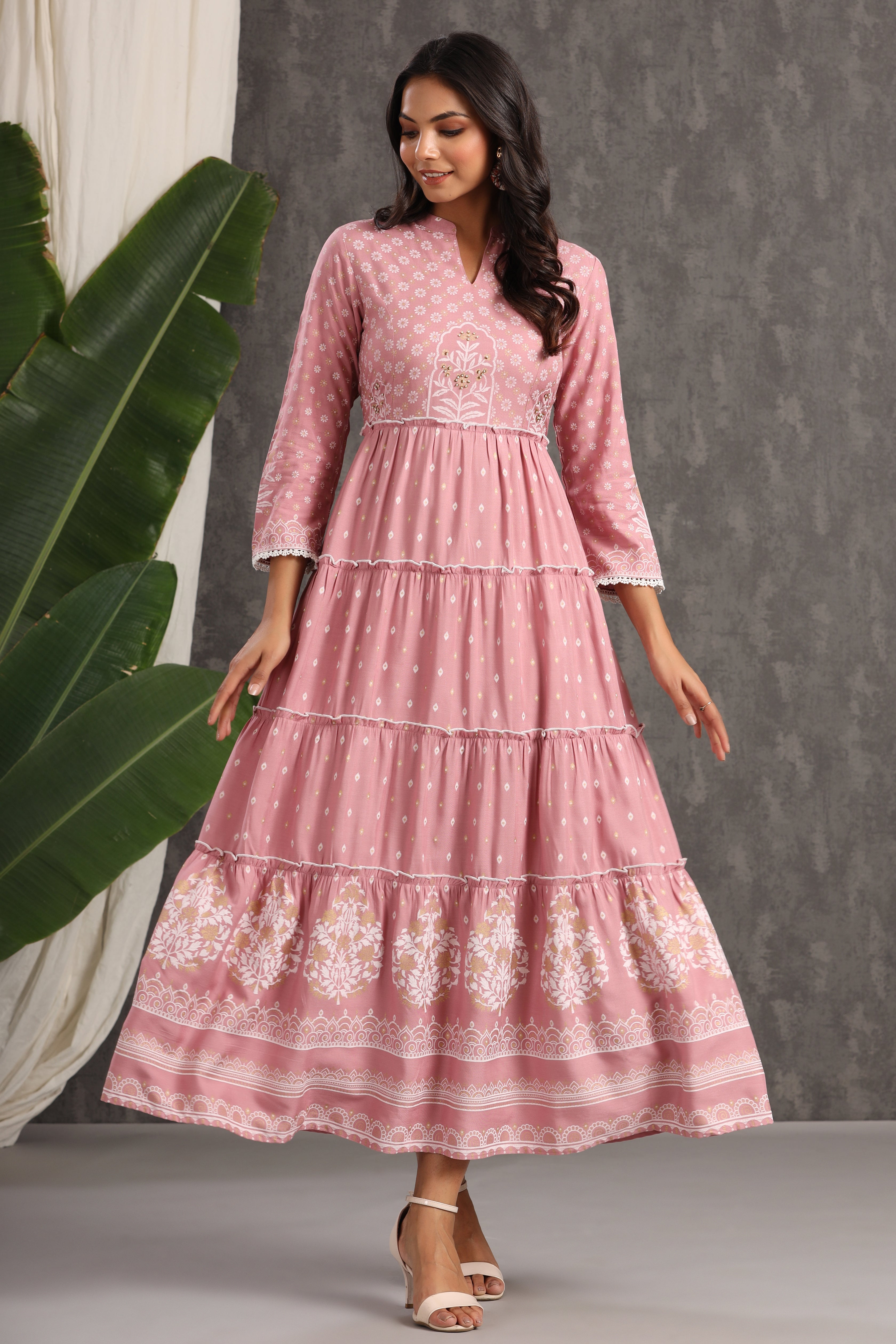 Juniper Onionpink LIVA Rayon Printed Tiered Dress - Juniper Fashion