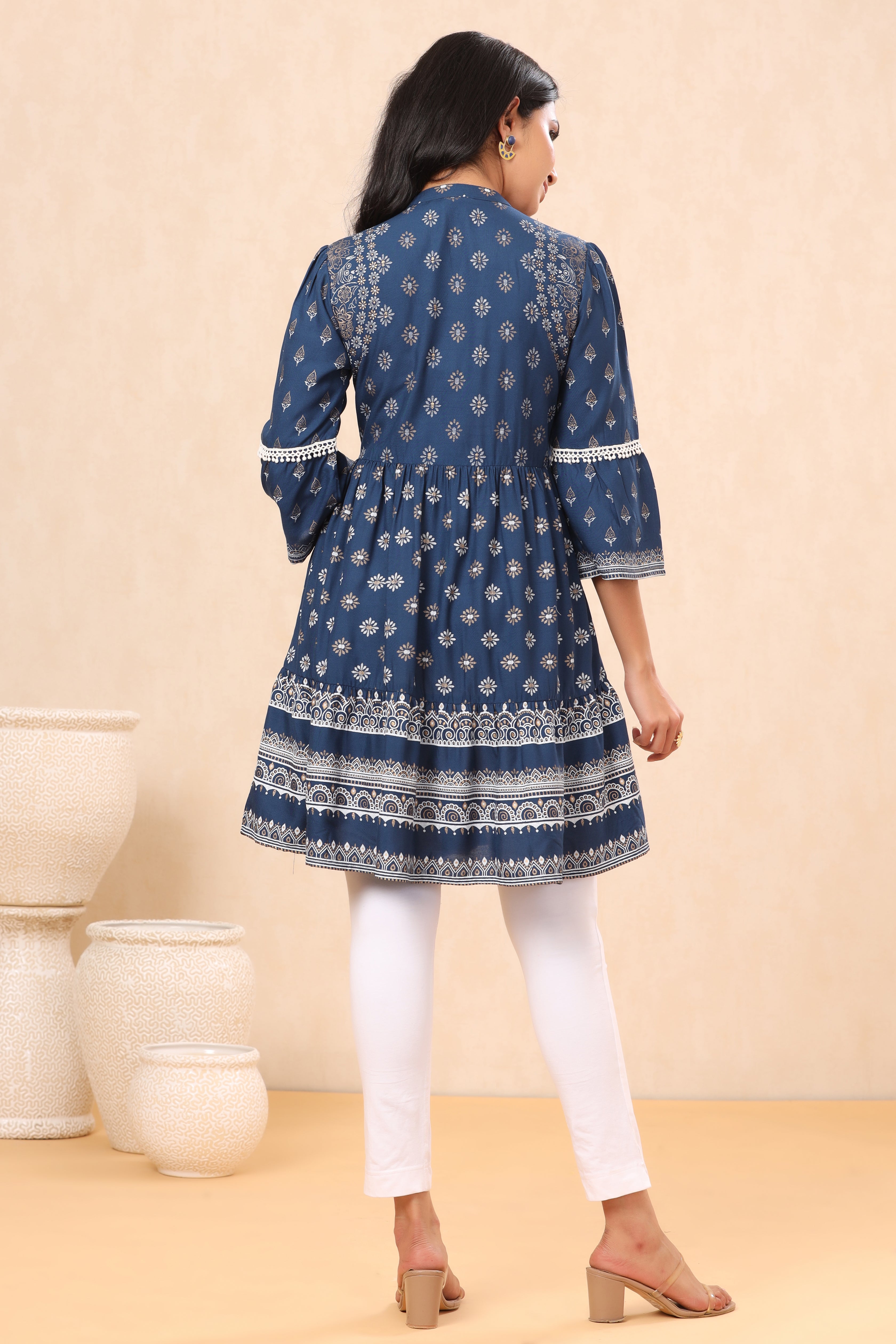 Juniper Indigo Ethnic Motif Printed Rayon Lacy Tunic with Beads & Sequins Work - Juniper Fashion