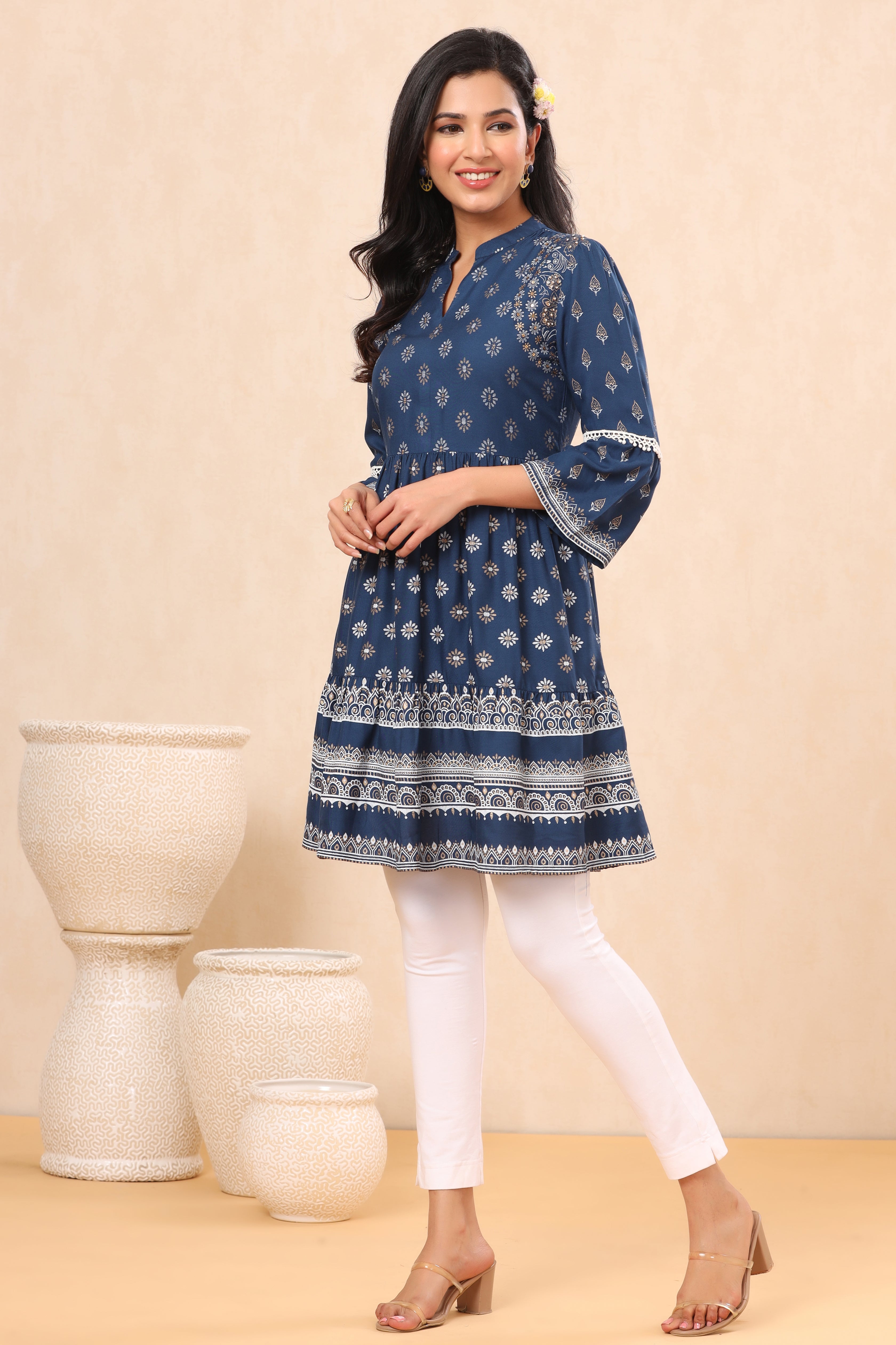 Juniper Indigo Ethnic Motif Printed Rayon Lacy Tunic with Beads & Sequins Work - Juniper Fashion