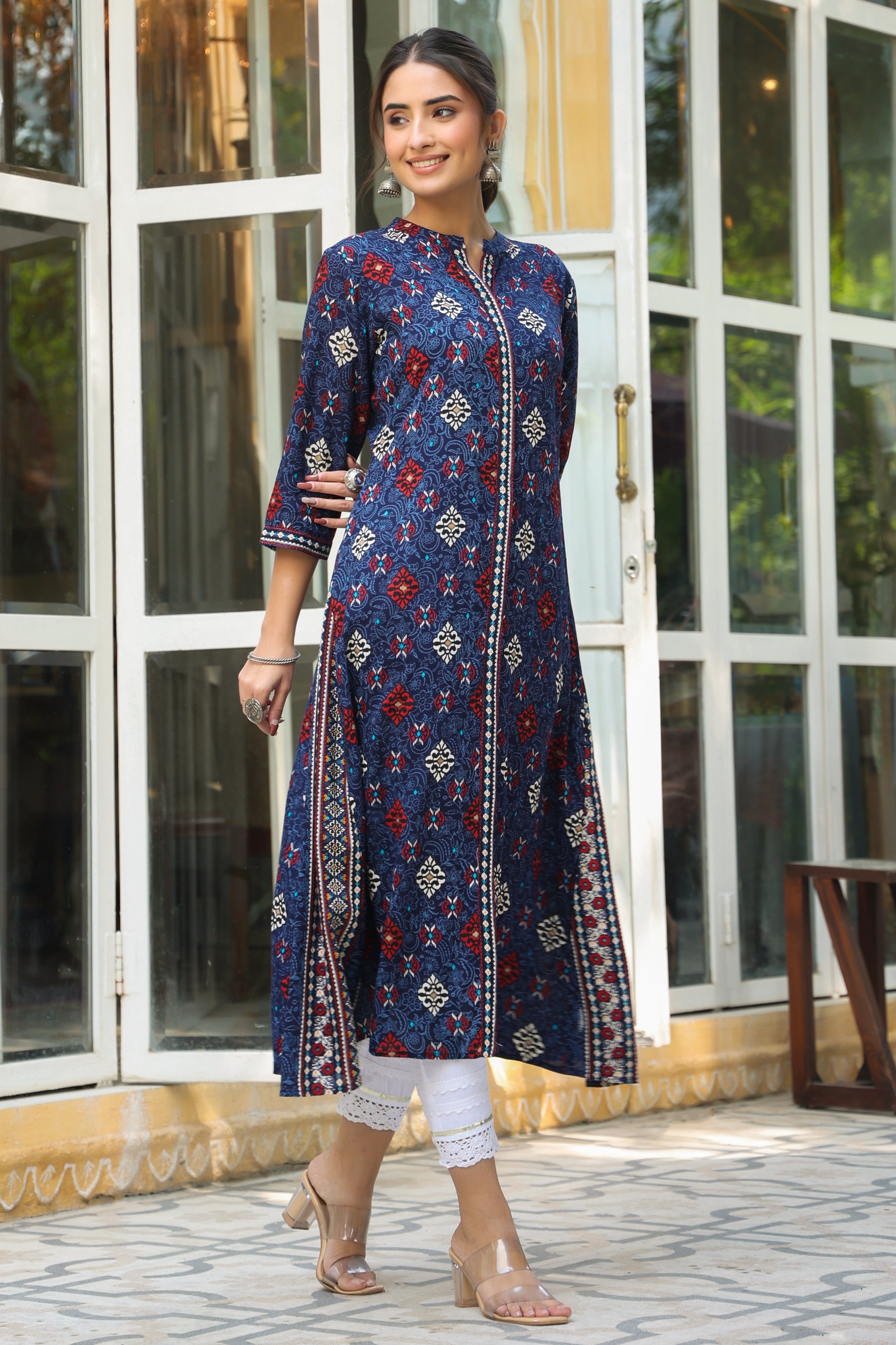 Juniper Indigo Ethnic Motif Printed Rayon A-Line Kurta With Buttons - Juniper Fashion