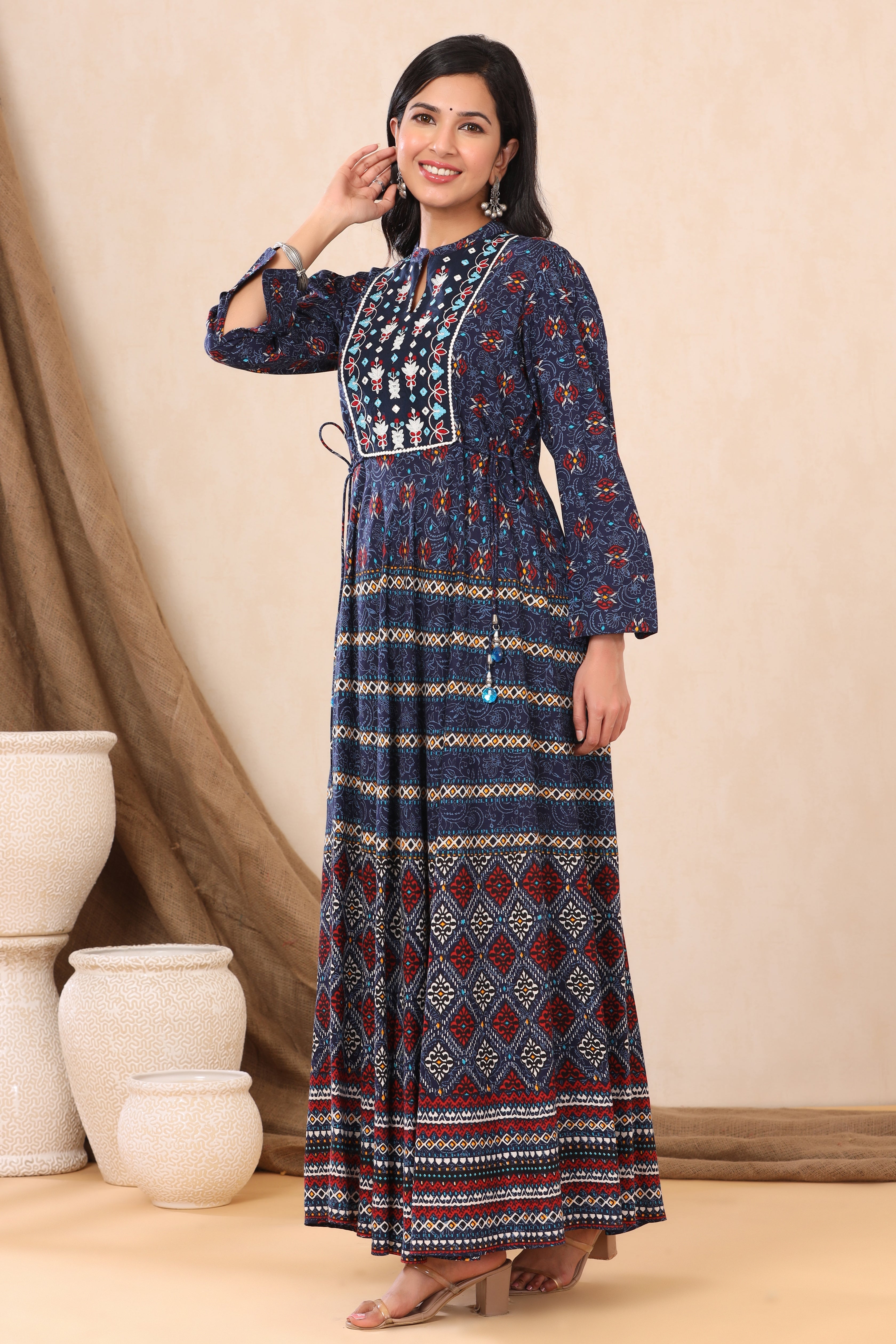Juniper Indigo Ethnic Motif Printed & Embroidered Rayon Maxi Dress - Juniper Fashion