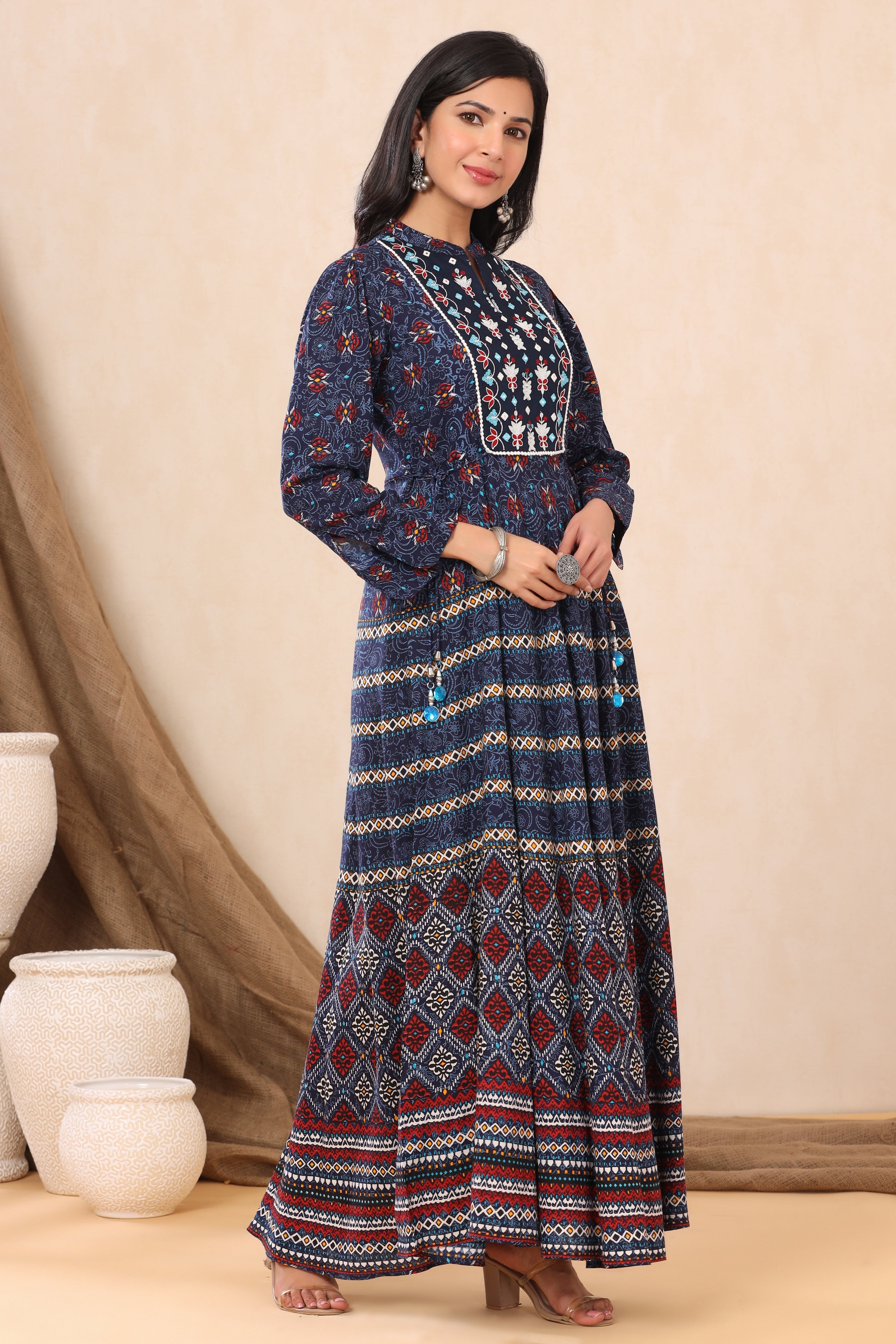 Juniper Indigo Ethnic Motif Printed & Embroidered Rayon Maxi Dress - Juniper Fashion