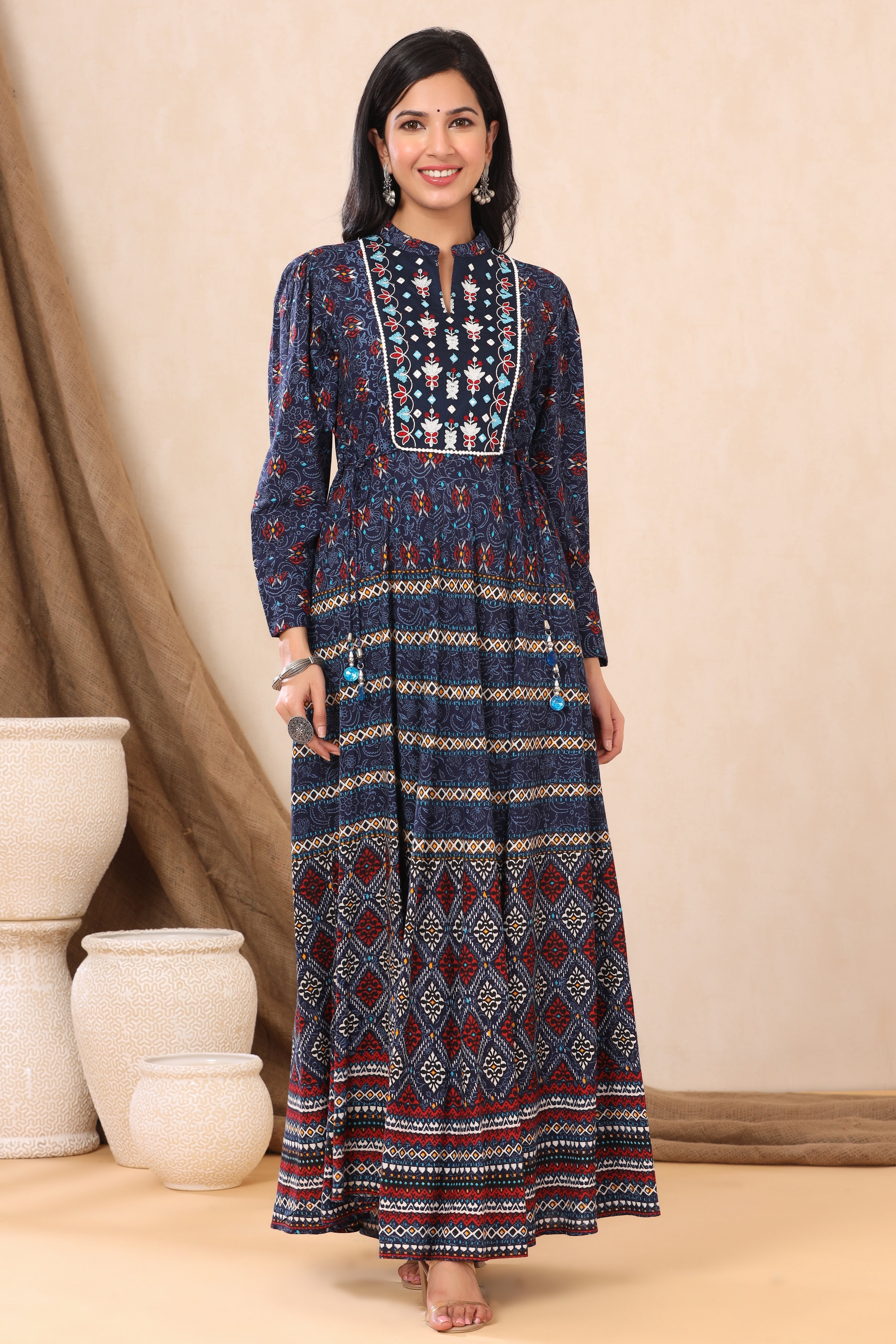 Juniper Indigo Ethnic Motif Printed & Embroidered Rayon Maxi Dress - Juniper Fashion