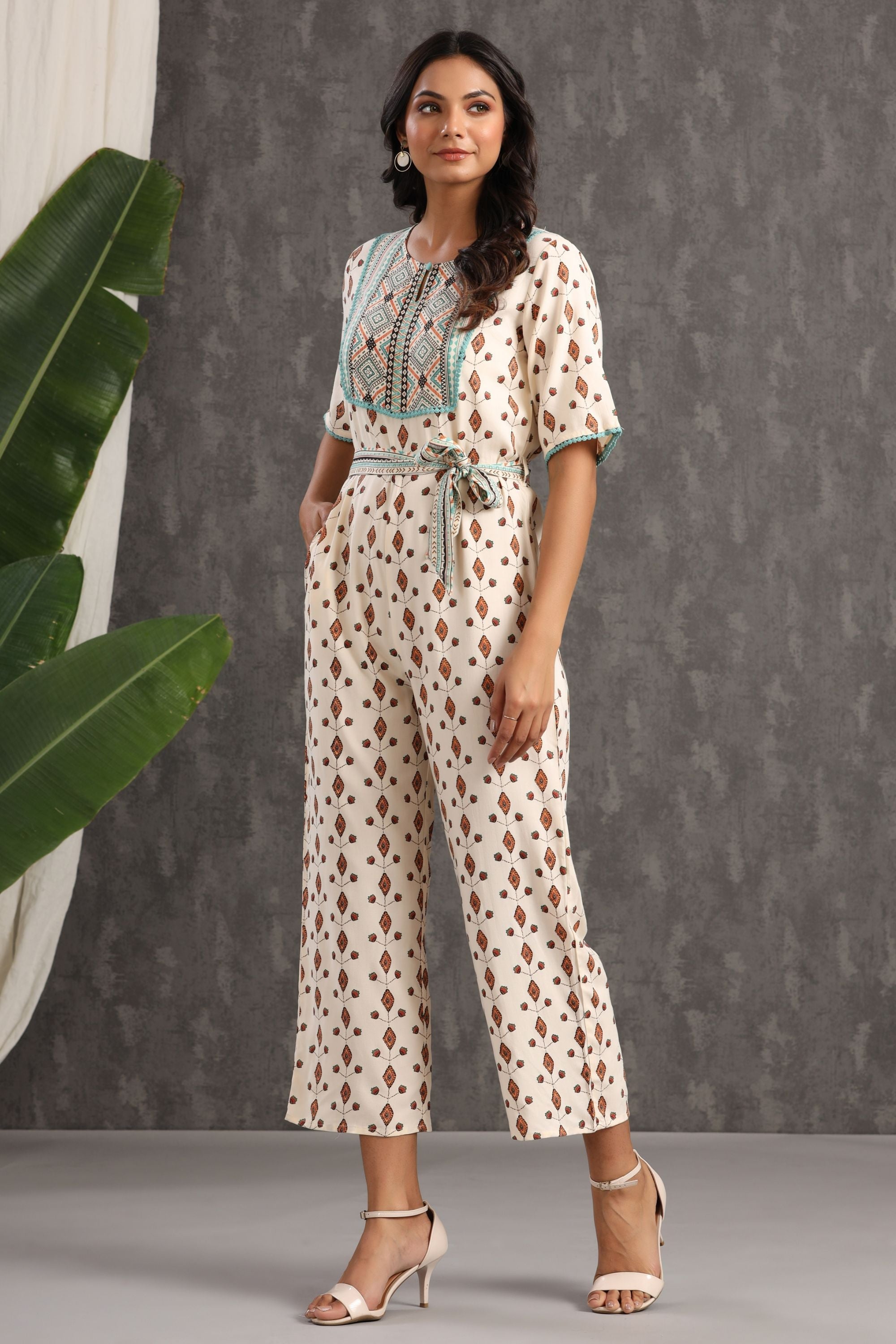 Juniper Ivory Ethnic Motif Printed Rayon Jumpsuit With Zip