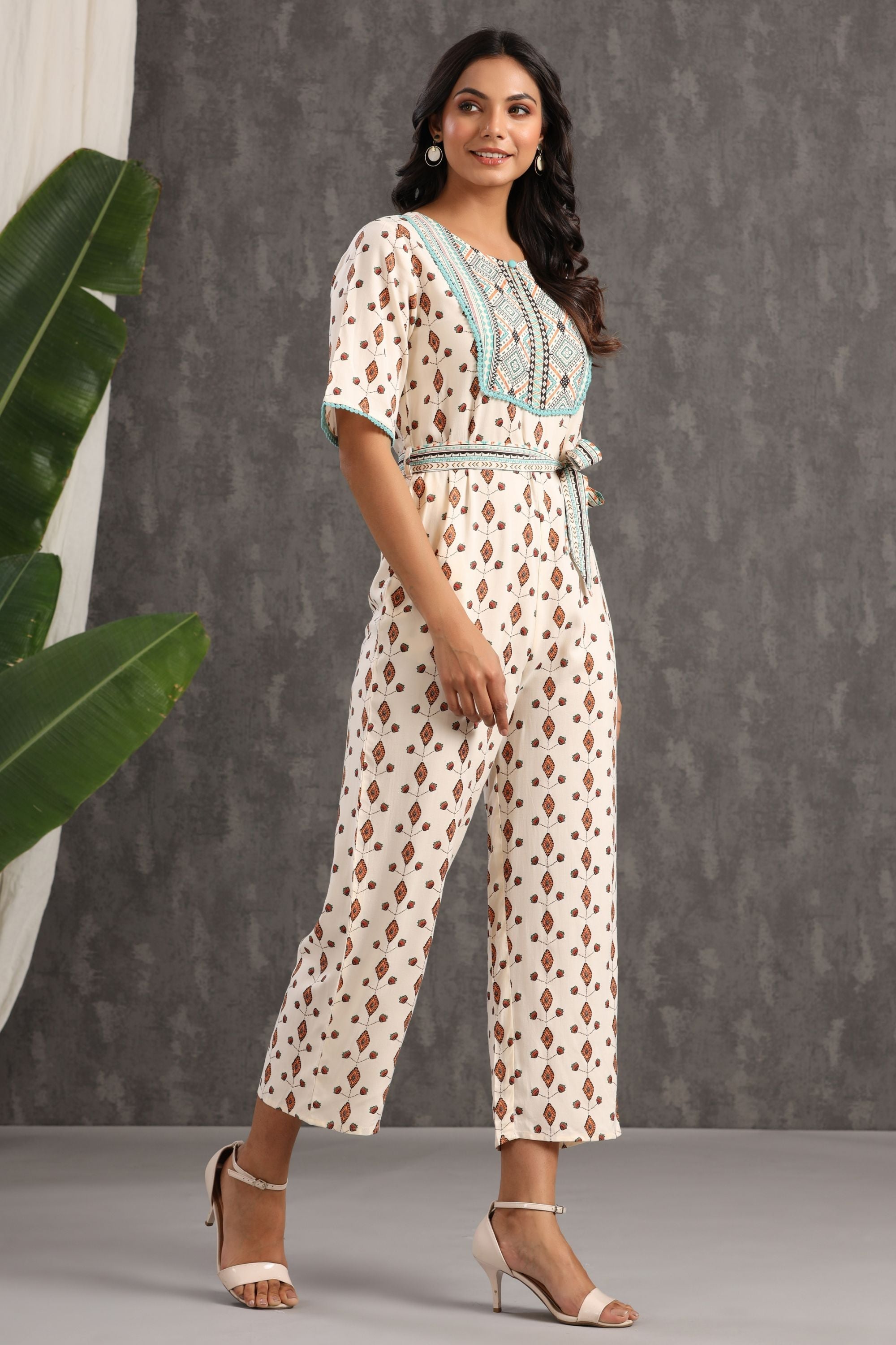 Juniper Ivory Ethnic Motif Printed Rayon Jumpsuit With Zip