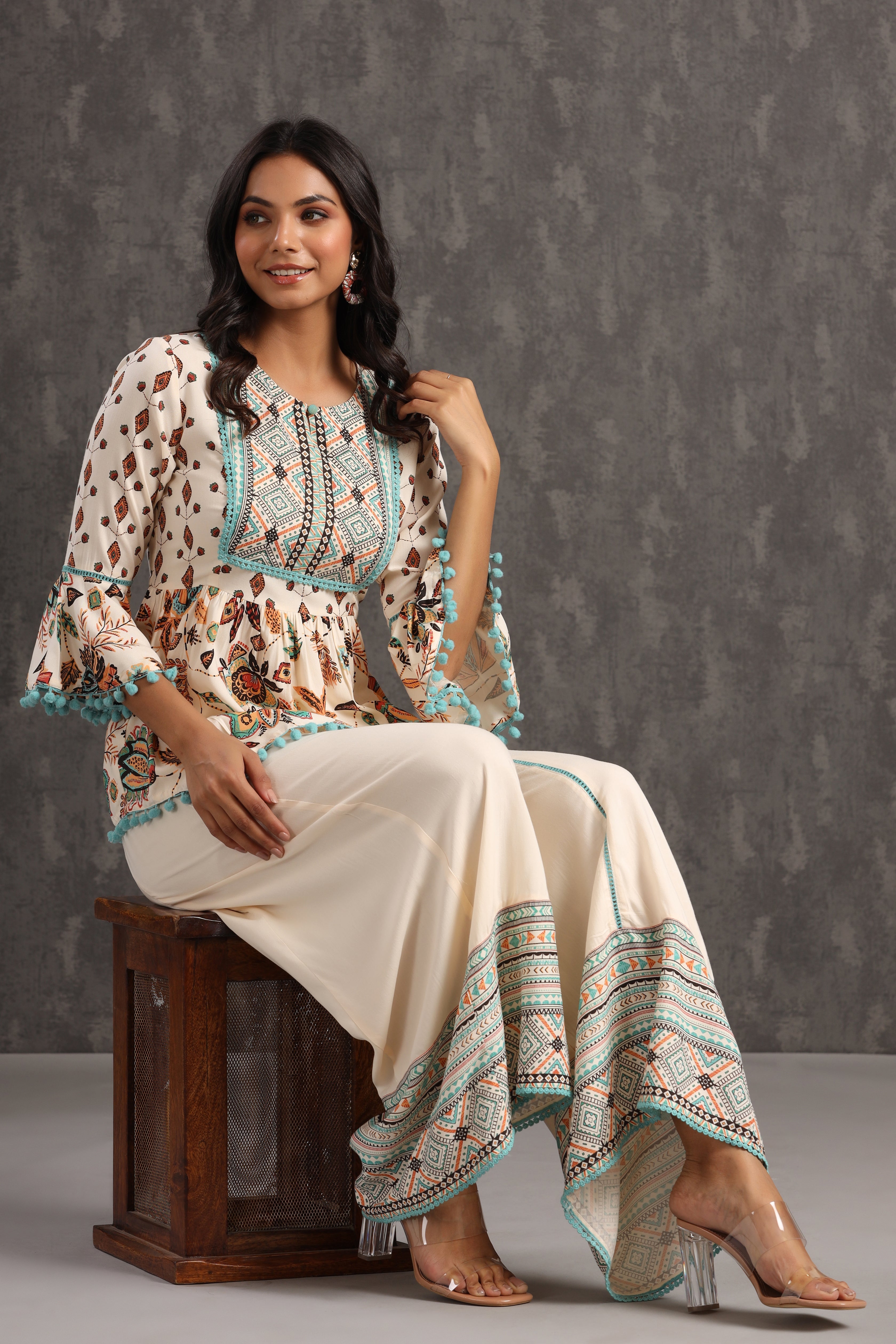 Juniper Ivory LIVA Rayon Printed Peplum Top Palazzo Set - Juniper Fashion