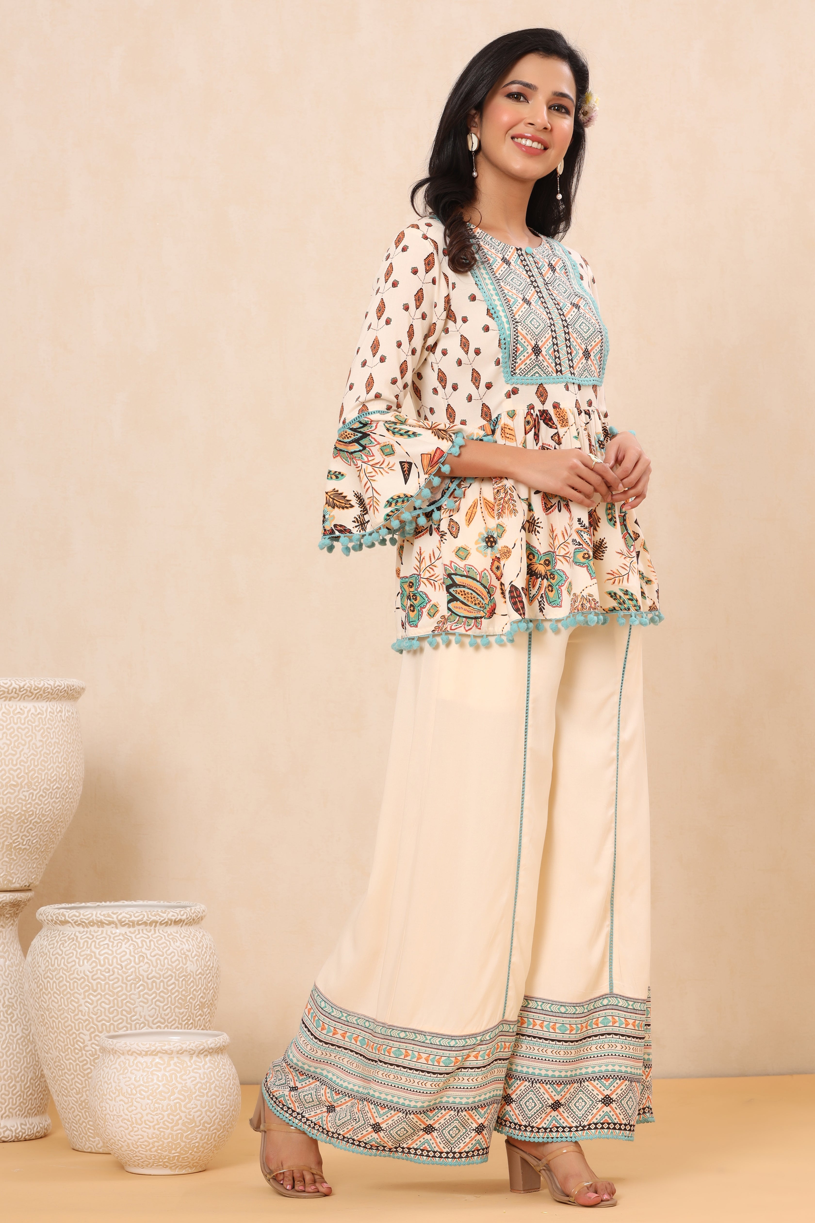 Juniper Ivory LIVA Rayon Printed Peplum Top Palazzo Set - Juniper Fashion