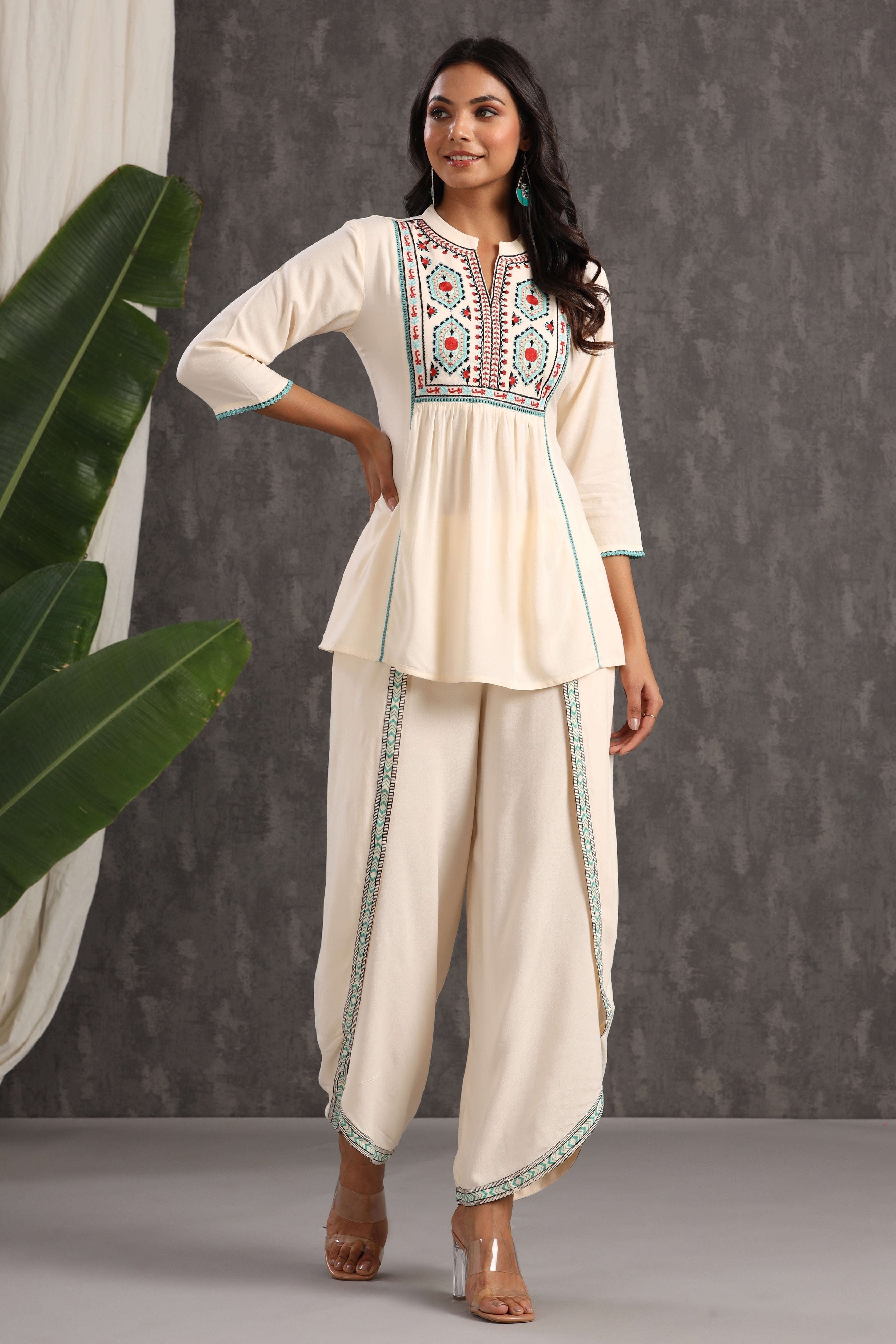 Juniper Ivory Rayon Thread Embroidered Co-Ord Set With Lace Detail - Juniper Fashion
