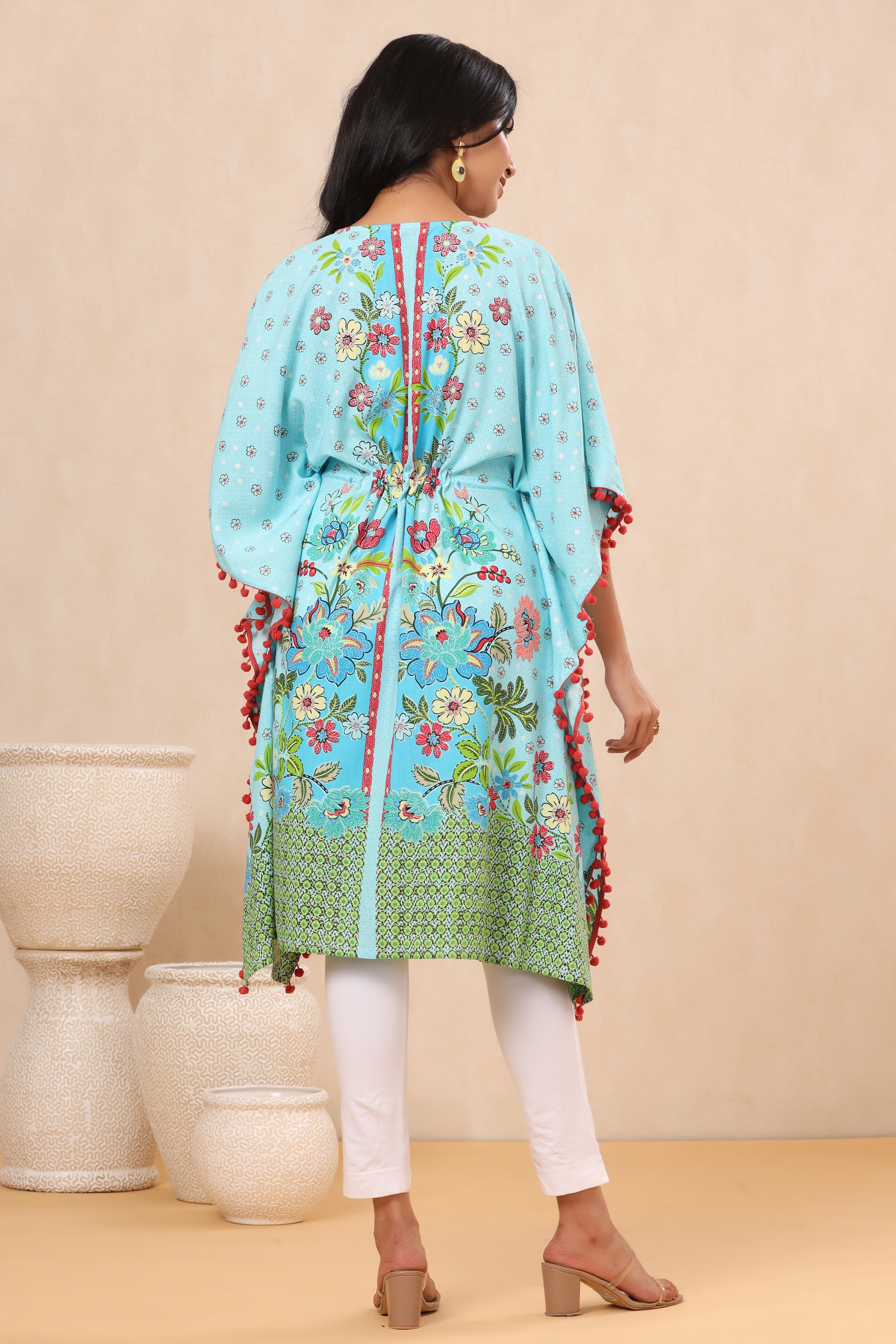 Juniper Sky Blue Floral Printed Calf-Length Rayon Kaftan. - Juniper Fashion