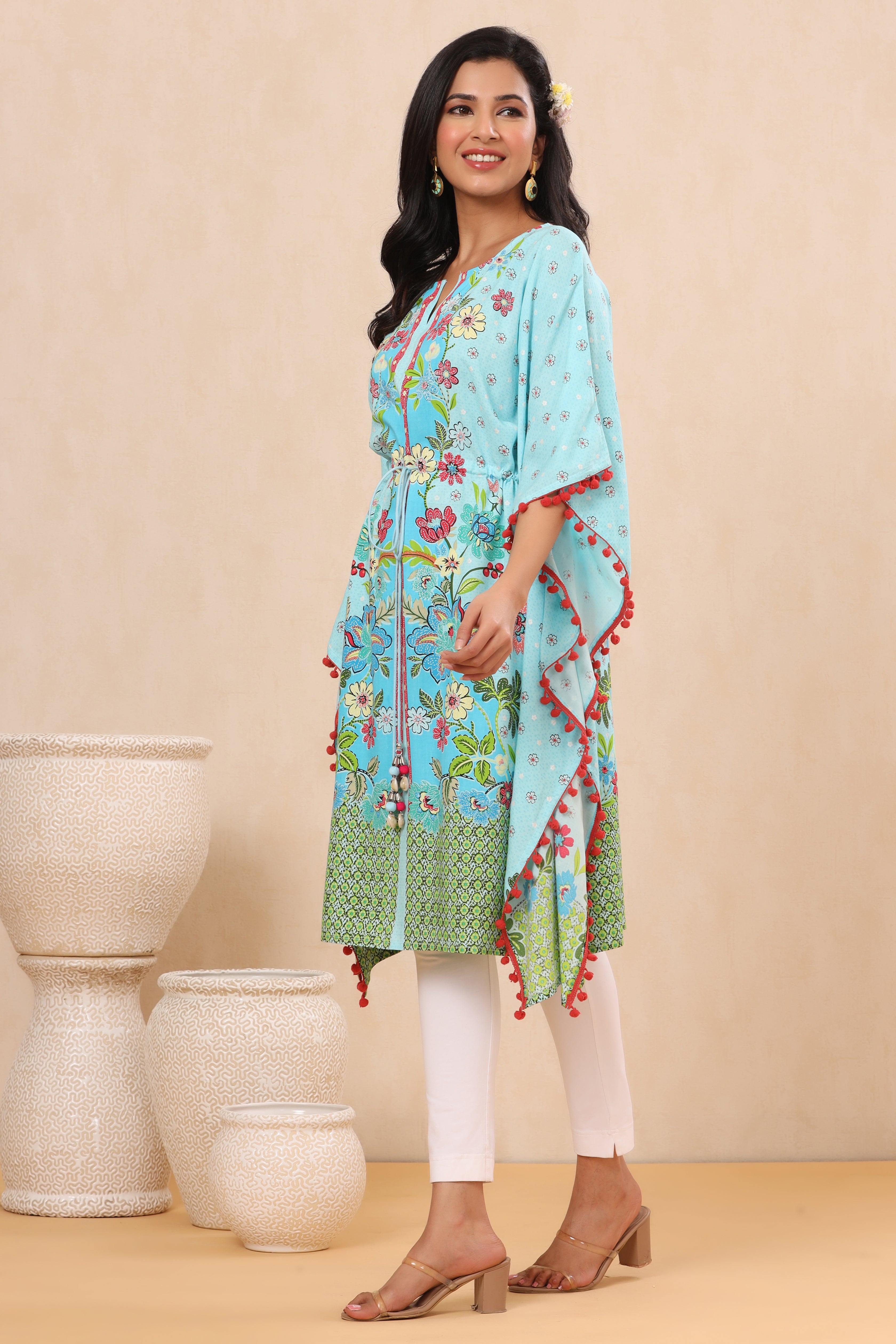 Juniper Sky Blue Floral Printed Calf-Length Rayon Kaftan. - Juniper Fashion