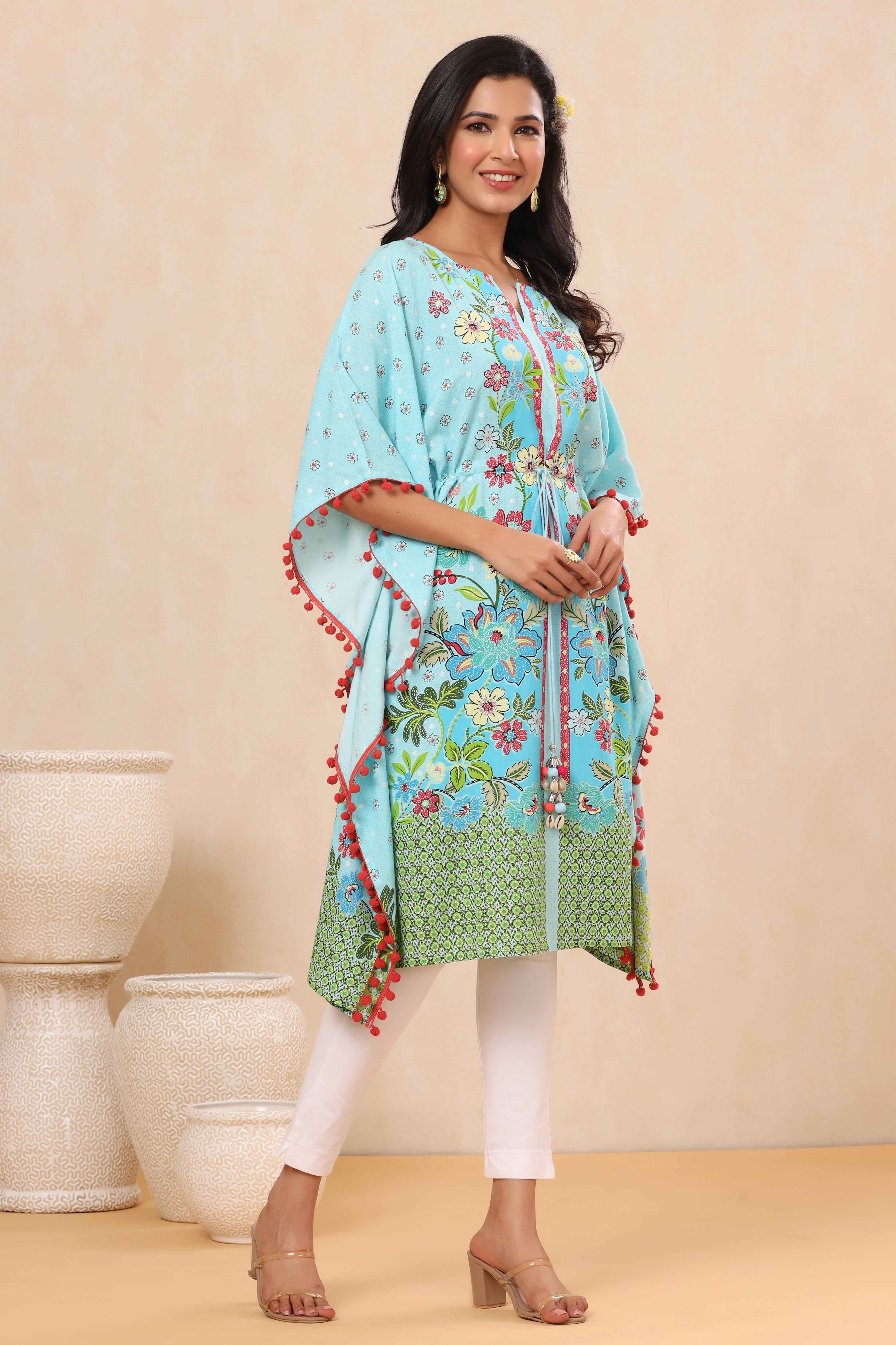 Juniper Sky Blue Floral Printed Calf-Length Rayon Kaftan. - Juniper Fashion