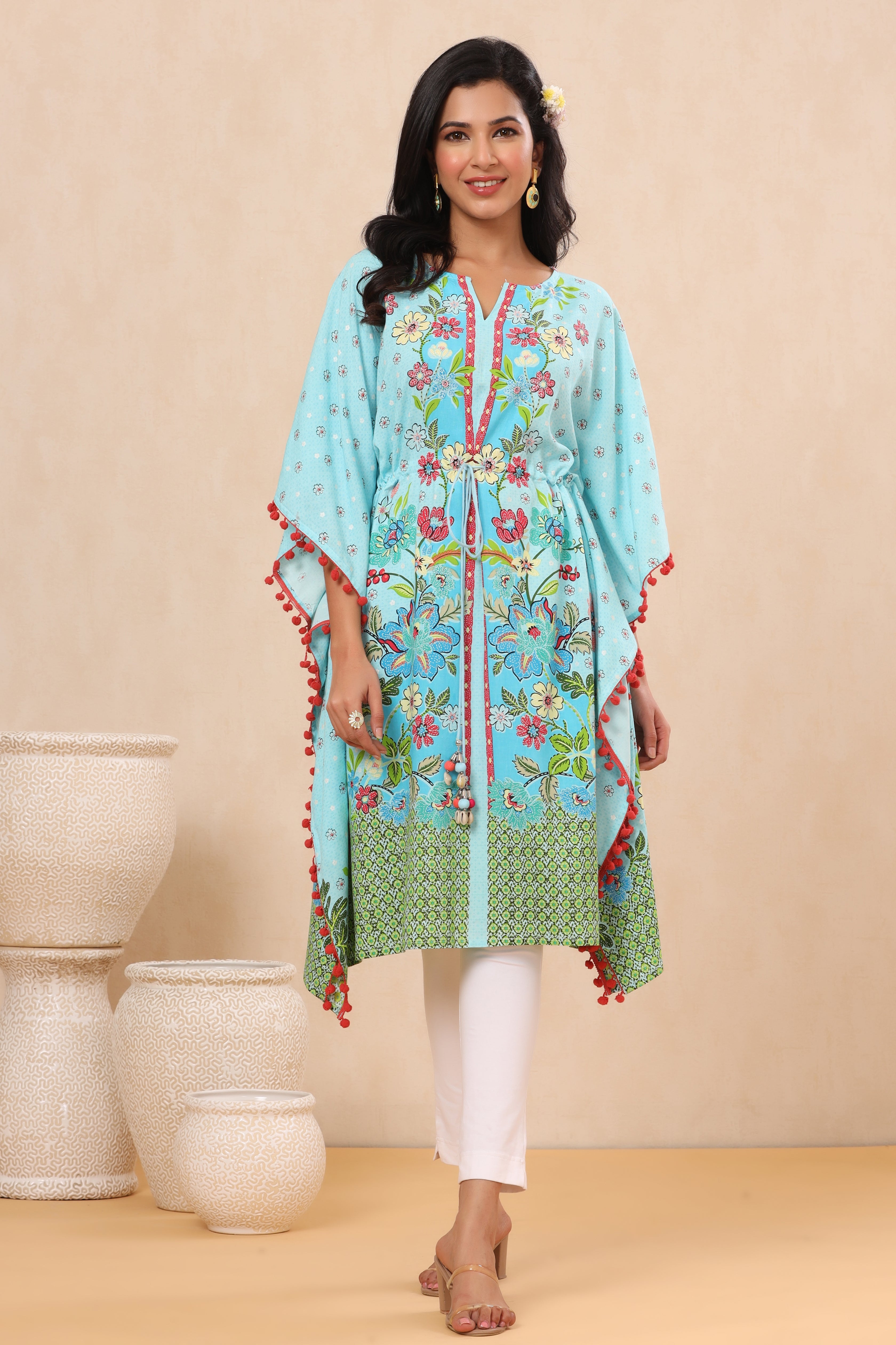 Juniper Sky Blue Floral Printed Calf-Length Rayon Kaftan. - Juniper Fashion