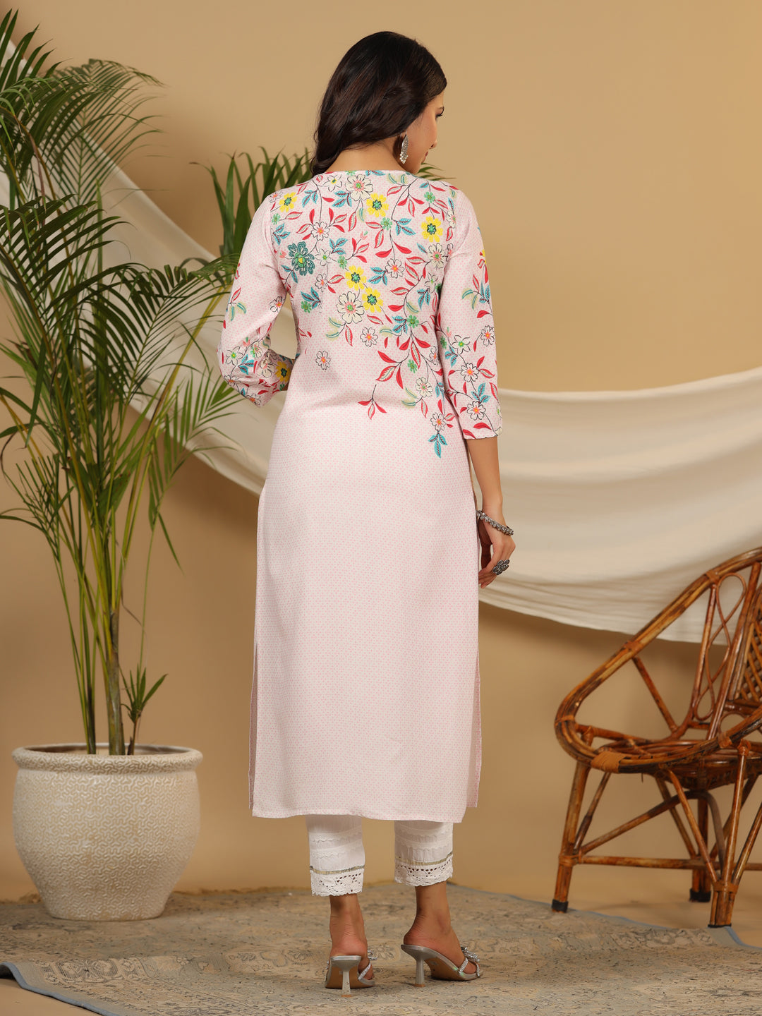 Juniper Women Pink LIVA Rayon  & Cotton Flex Printed Kurta Set