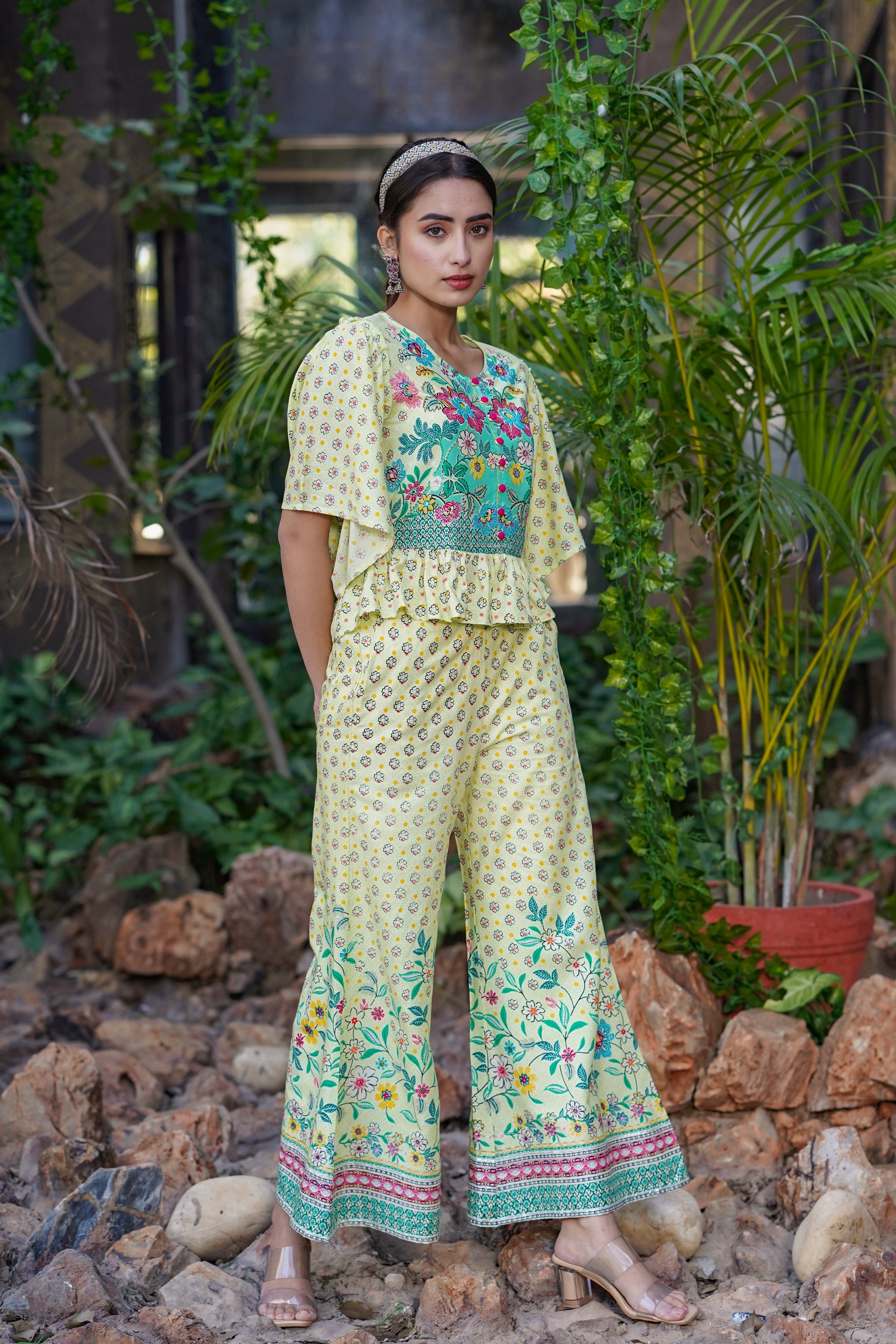 Juniper Lime LIVA Rayon Floral Print Peplum Top Palazzo Set