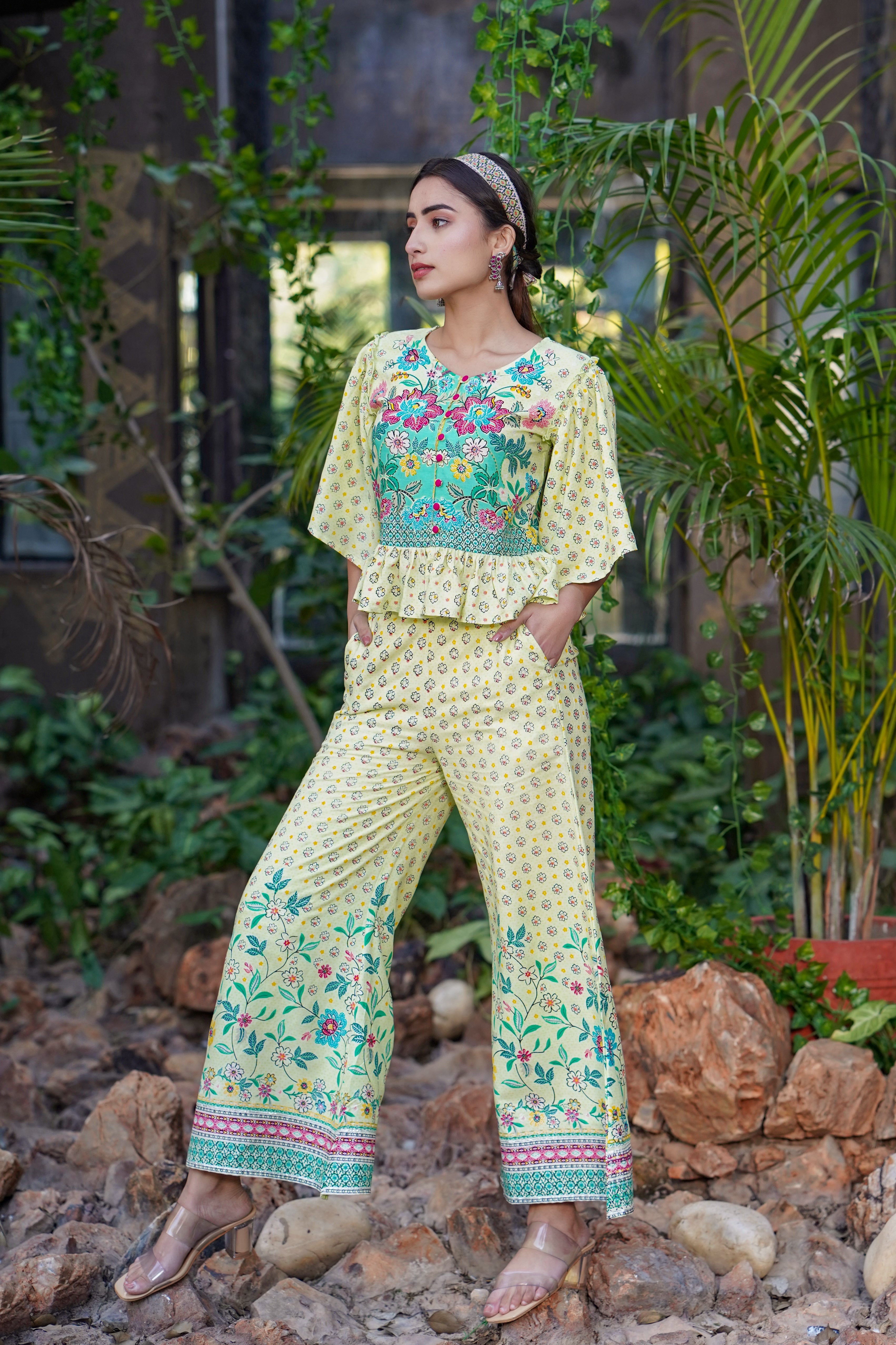 Juniper Lime LIVA Rayon Floral Print Peplum Top Palazzo Set