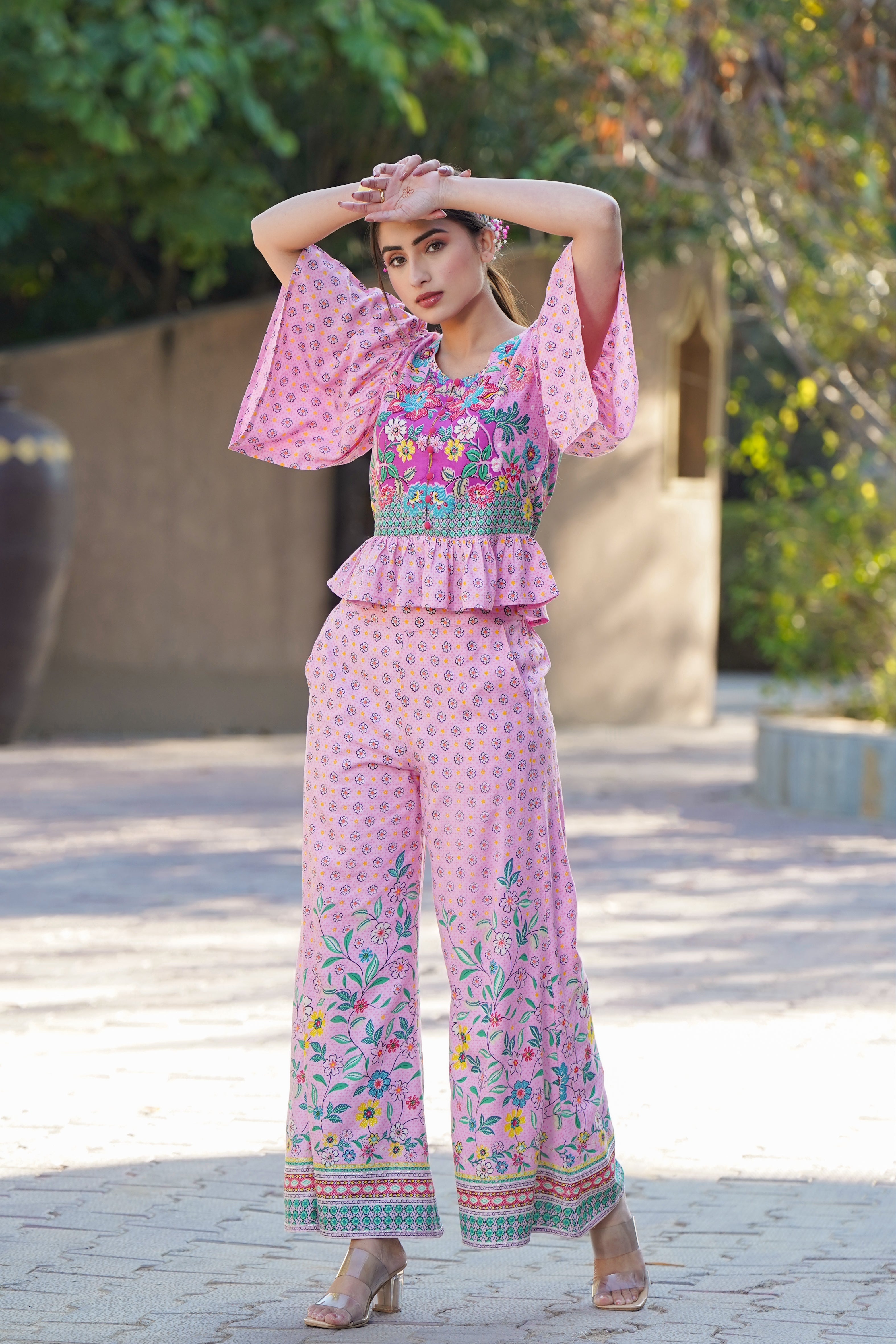 Juniper Pink LIVA Rayon Floral Print Peplum Top Palazzo Set