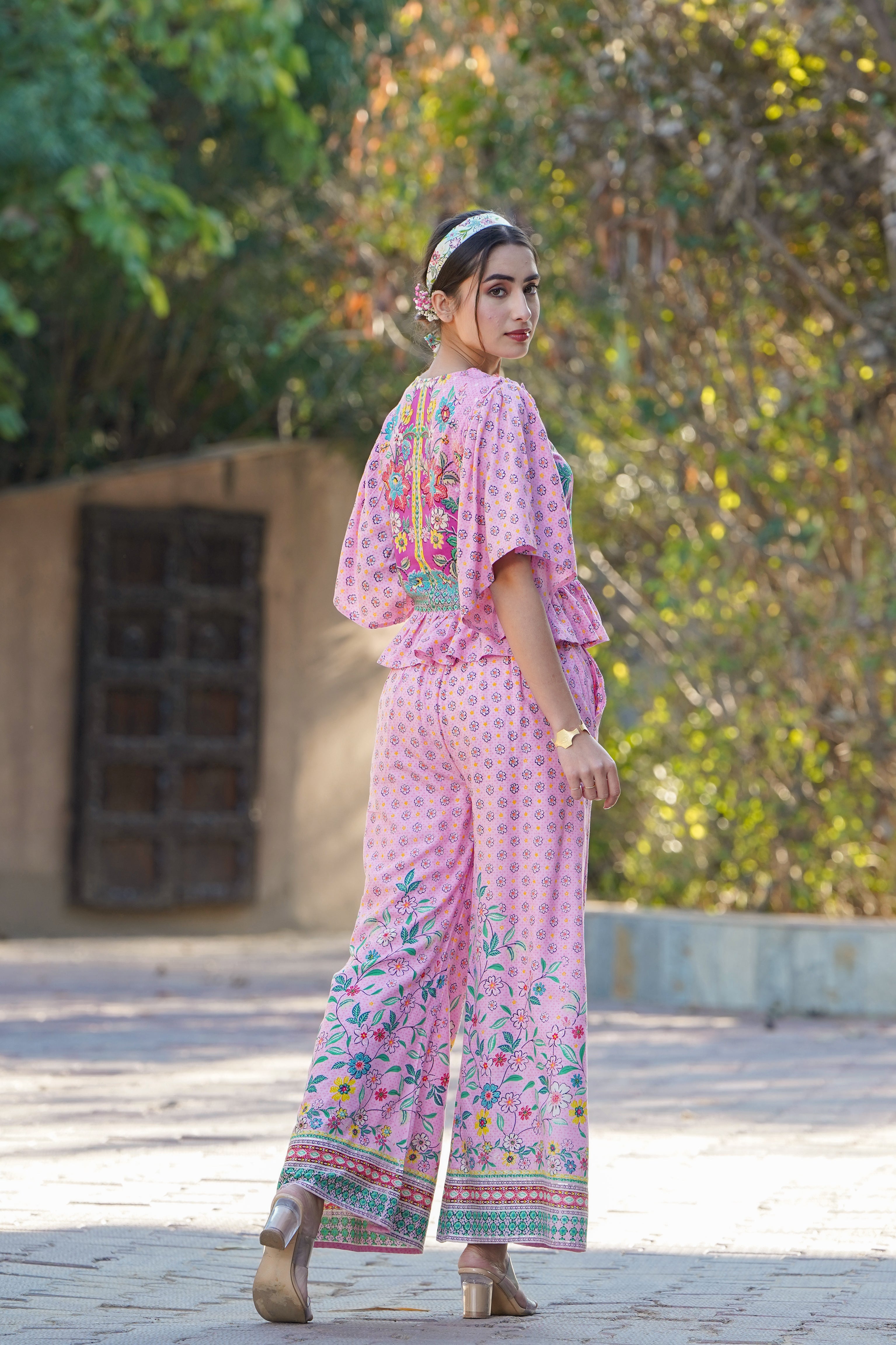 Juniper Pink LIVA Rayon Floral Print Peplum Top Palazzo Set