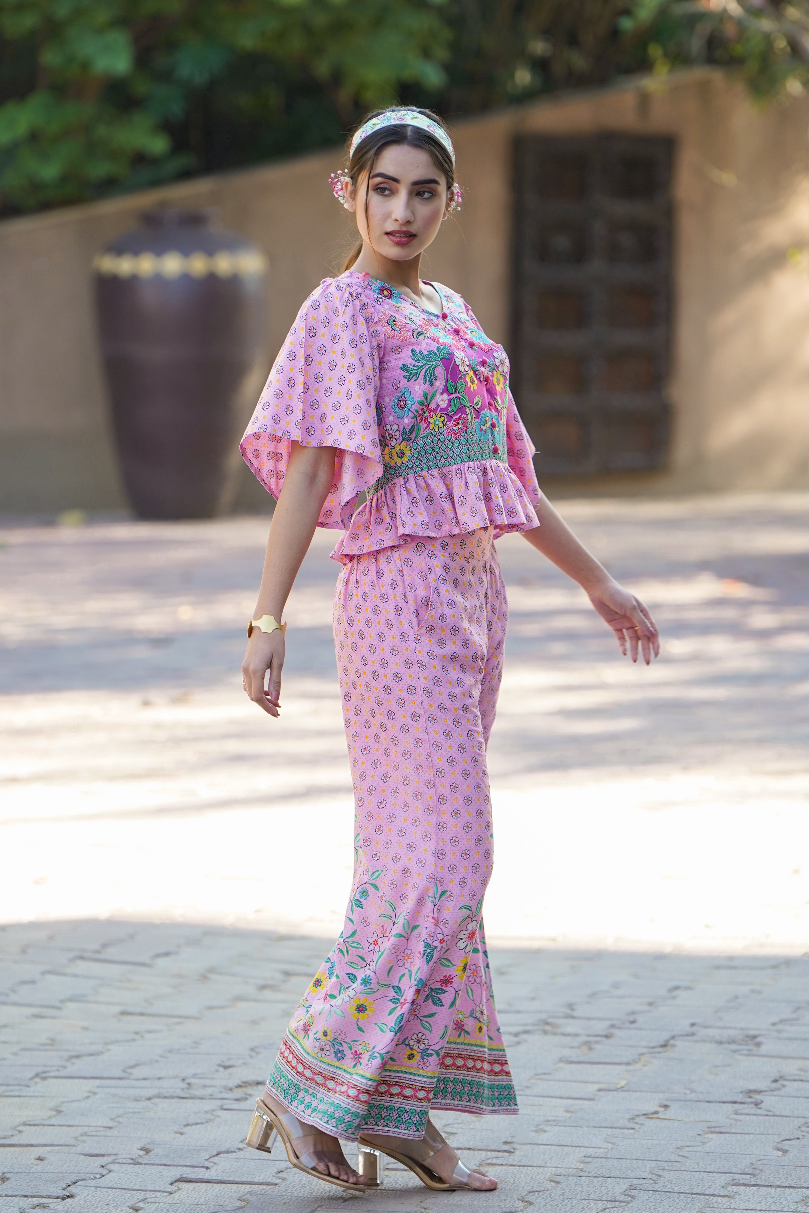 Juniper Pink LIVA Rayon Floral Print Peplum Top Palazzo Set